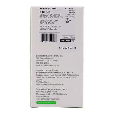 Square D X Series, SQR55141WH, 15A, 125V, USB-A/A, Duplex, Tamper Resistant, Outlet - Image 10
