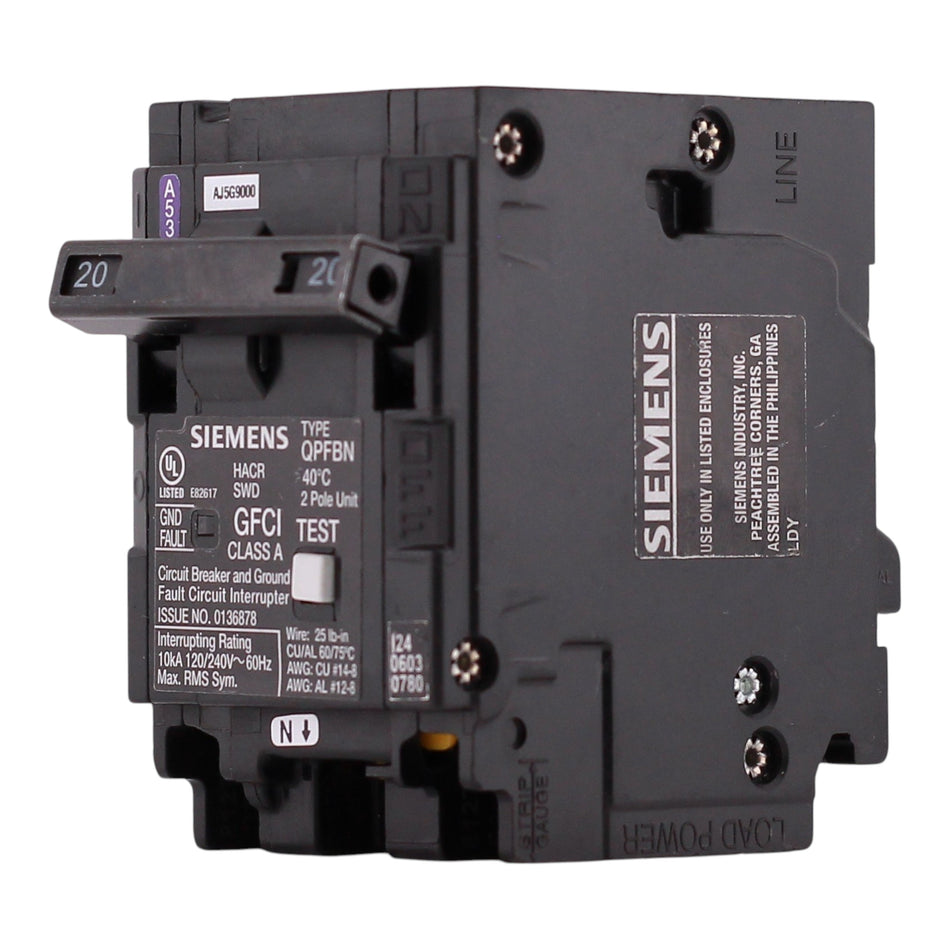 Siemens QP, Q220GFN, 20A, 2P, 120/240V, GFCI, Plug-On Neutral, Circuit Breaker - Image 2
