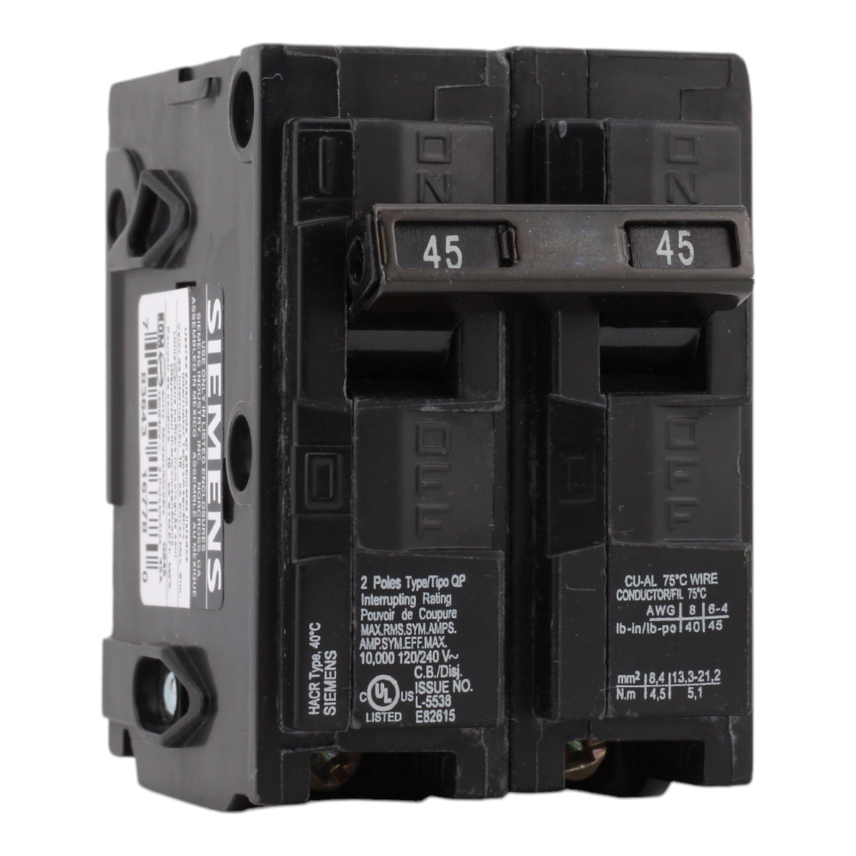 Siemens Q245 45A 120/240V 2-Pole Thermal Magnetic Circuit Breaker, Plug-In, 10kA Interrupt, Type QP