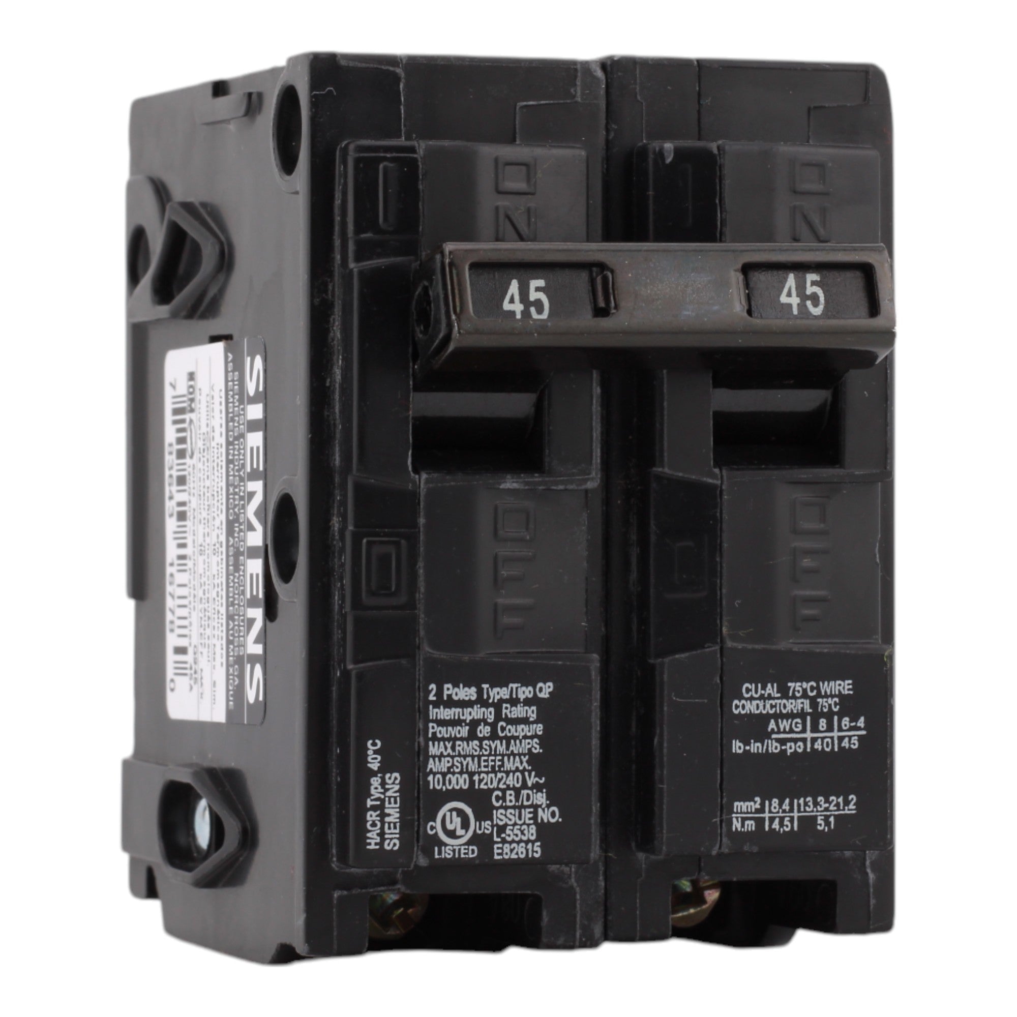 Siemens Q245 45A 120/240V 2-Pole Thermal Magnetic Circuit Breaker, Plug-In, 10kA Interrupt, Type QP