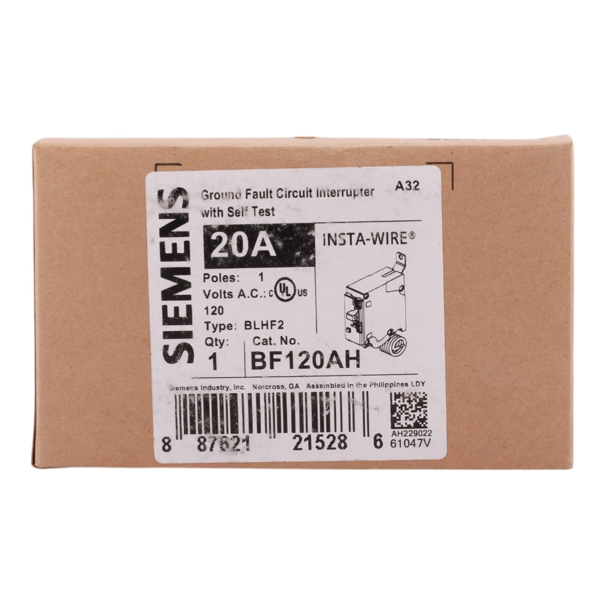 Siemens BLHF BF120AH 20A 1P 120V GFCI Pigtail Neutral Circuit Breaker - Image 2