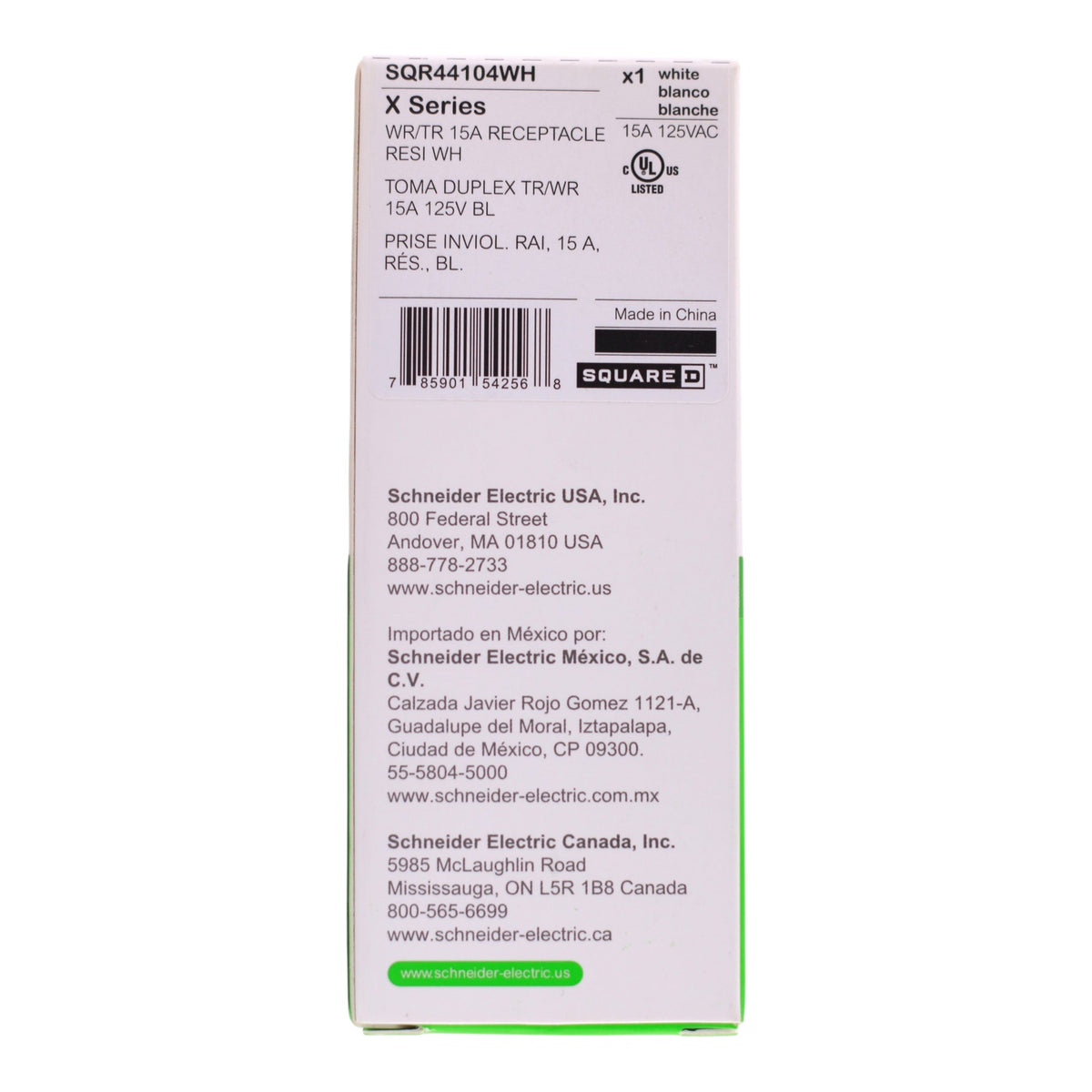Square D X Series, SQR44104WH, 15A, 125V, TR/WR, Decorator Duplex Receptacle, White - Image 3