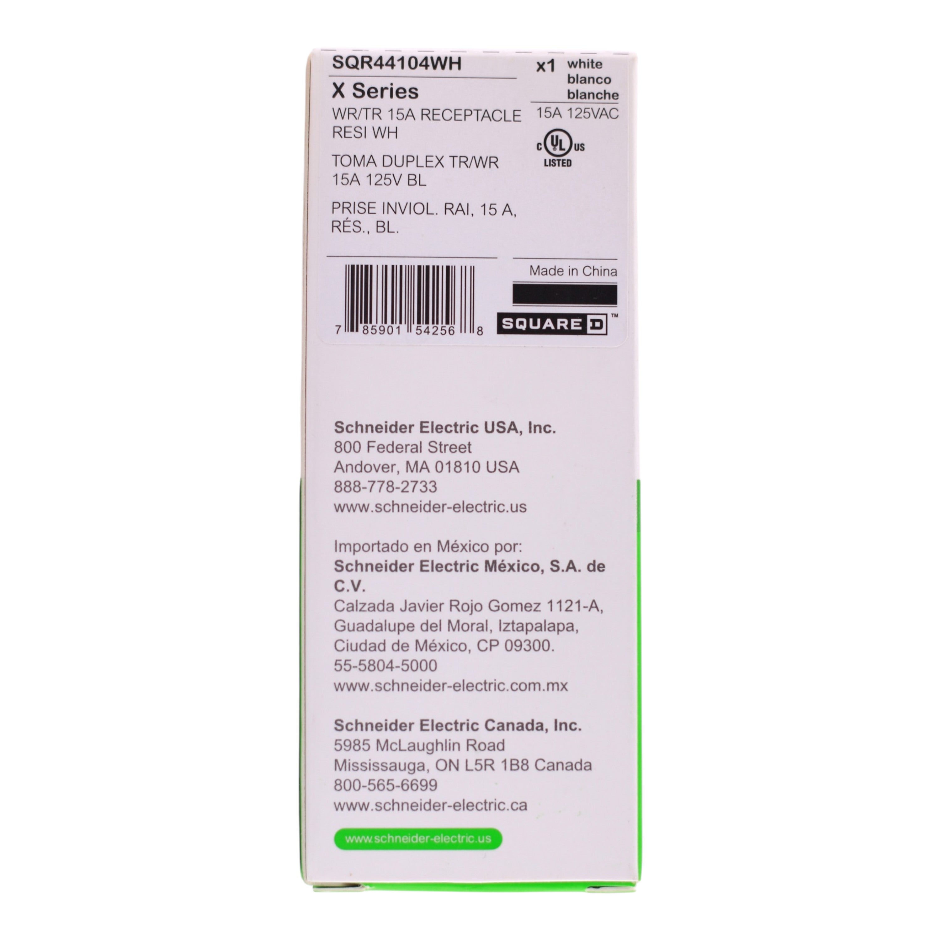 Square D X Series, SQR44104WH, 15A, 125V, TR/WR, Decorator Duplex Receptacle, White - Image 3
