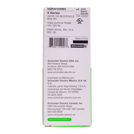 Square D X Series, SQR44104WH, 15A, 125V, TR/WR, Decorator Duplex Receptacle, White - Image 3