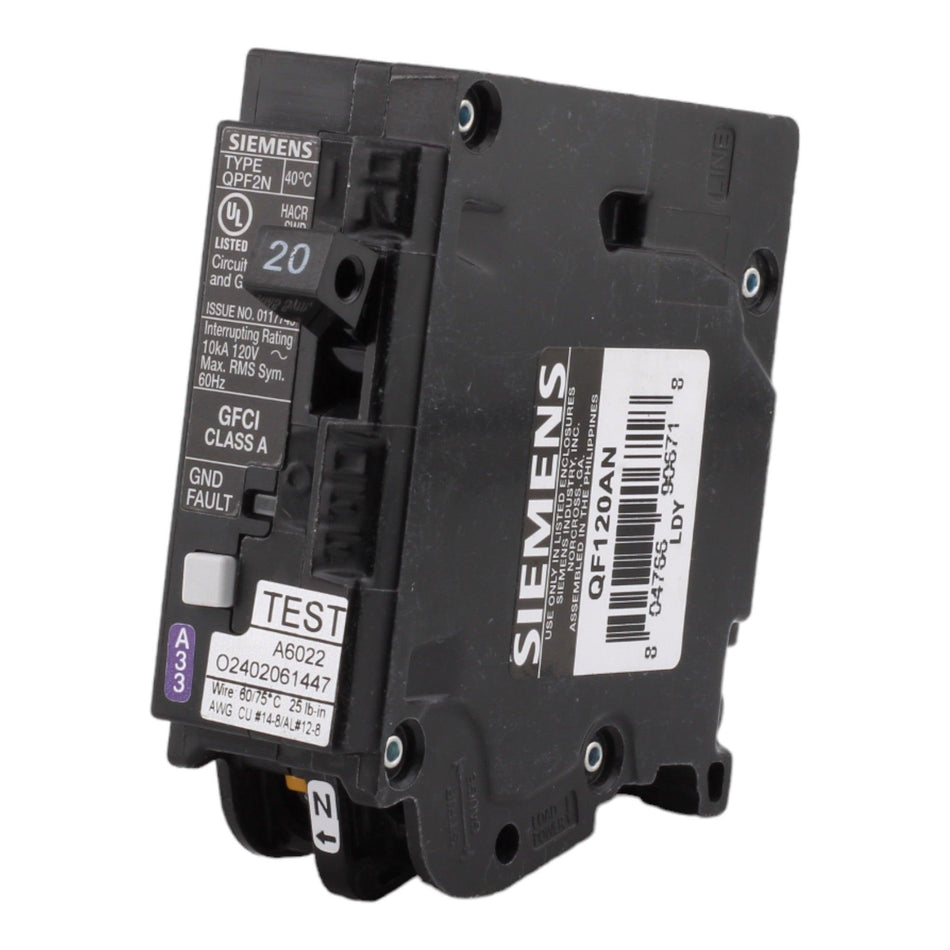 Siemens QF120AN, 20 Amp, 120 Volt, Single Pole, GFCI Circuit Breaker, Plug-In Neutral Connection, For Siemens Type EQ, EQL, SEQ Load Centers - Image 2