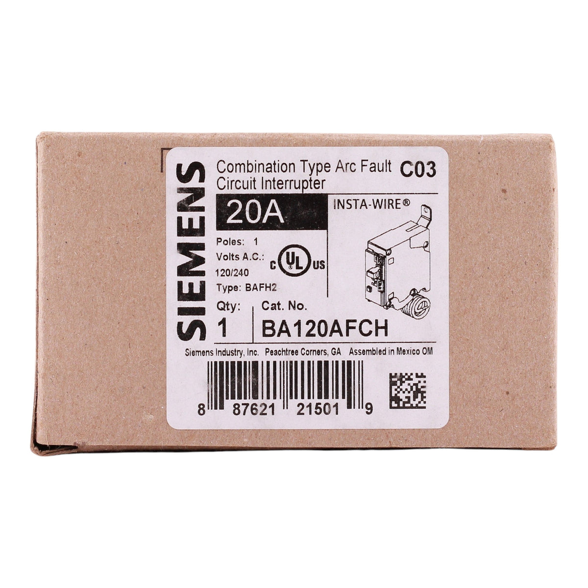 Siemens BA120AFCH, 20A, 1P, 120V, CAFCI, Pigtail Neutral, Circuit Breaker - Image 3
