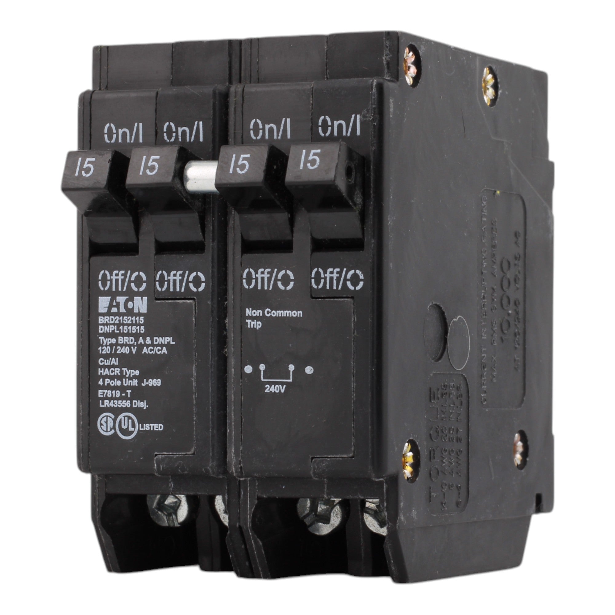 Eaton BRD2152115, 15A, 120/240V, Quad Circuit Breaker, 2 1-Pole, 1 2-Pole, Plug-In, for Eaton, Bryant, Westinghouse Panels - Image 3