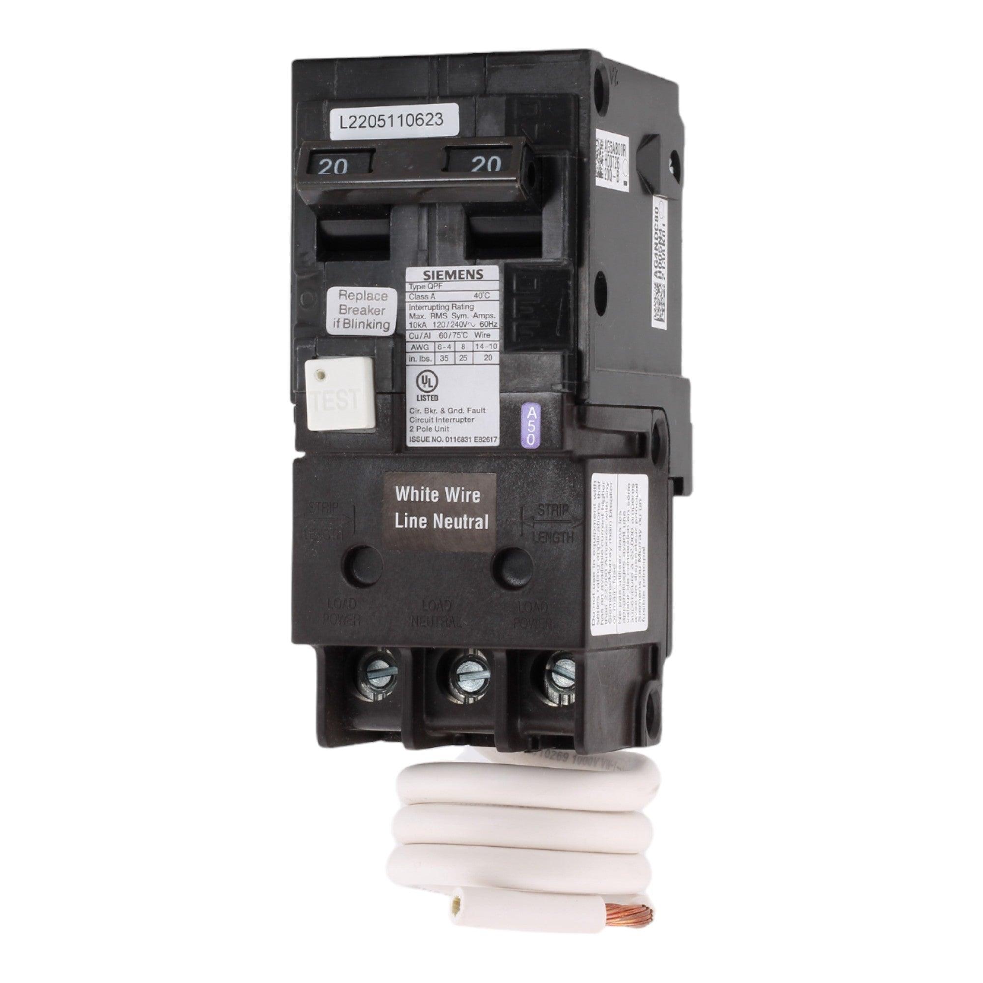 Siemens QF220A 20 Amps 120/240 Volts Double Pole Ground Fault Circuit Breaker (GFCI), Pigtail Neutral for QP Panels - Image 3