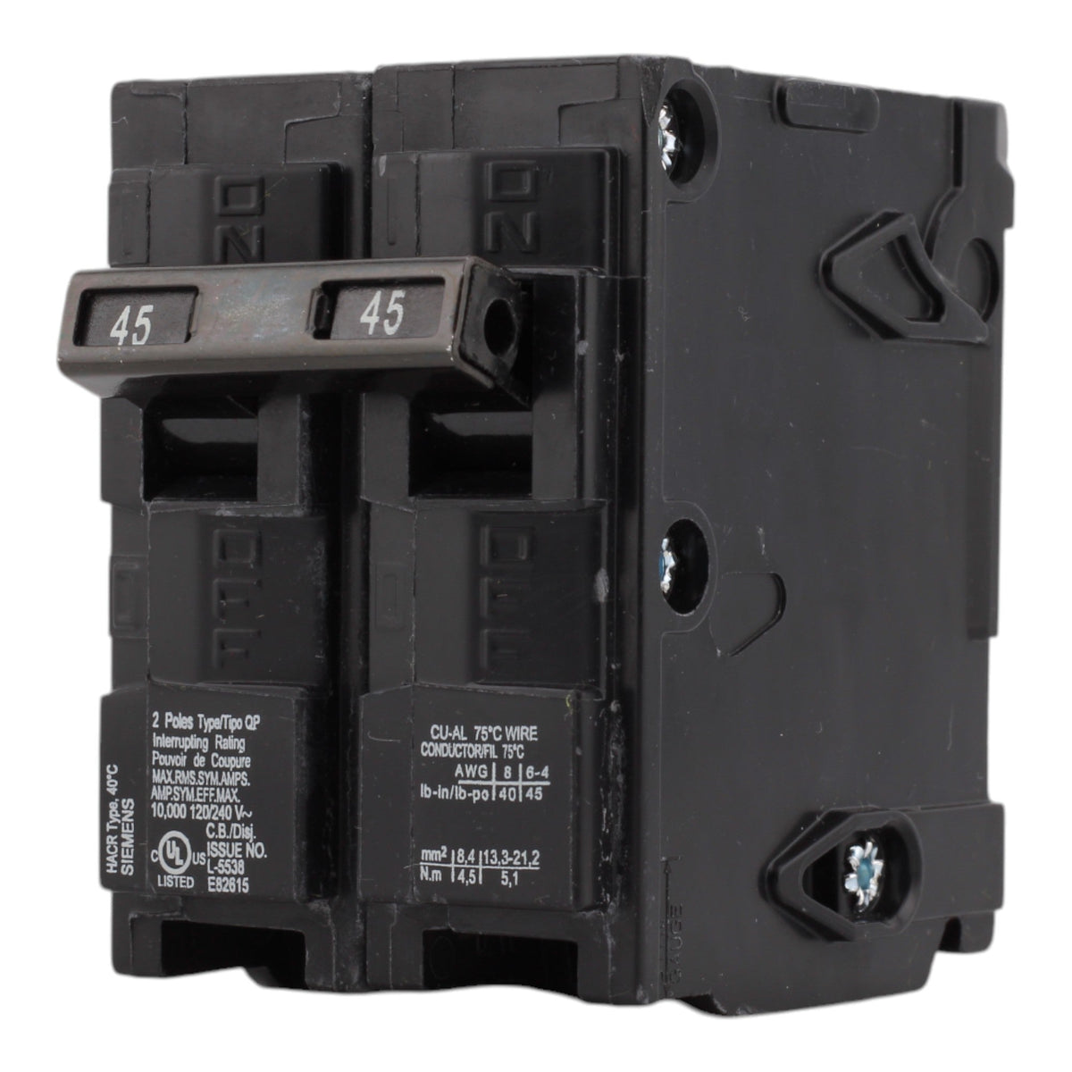 Siemens Q245 45A 120/240V 2-Pole Thermal Magnetic Circuit Breaker, Plug-In, 10kA Interrupt, Type QP - Image 3