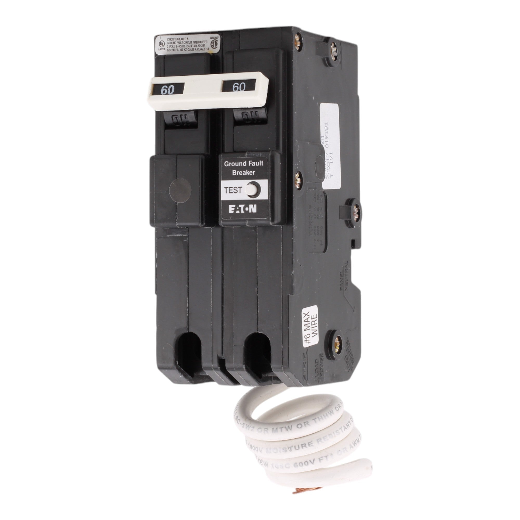 Eaton GFTCB260, 60A, 120/240V, 2-Pole GFCI Circuit Breaker, Ground Fault Self-Test, Plug-On, for BR Load Centers - Image 3