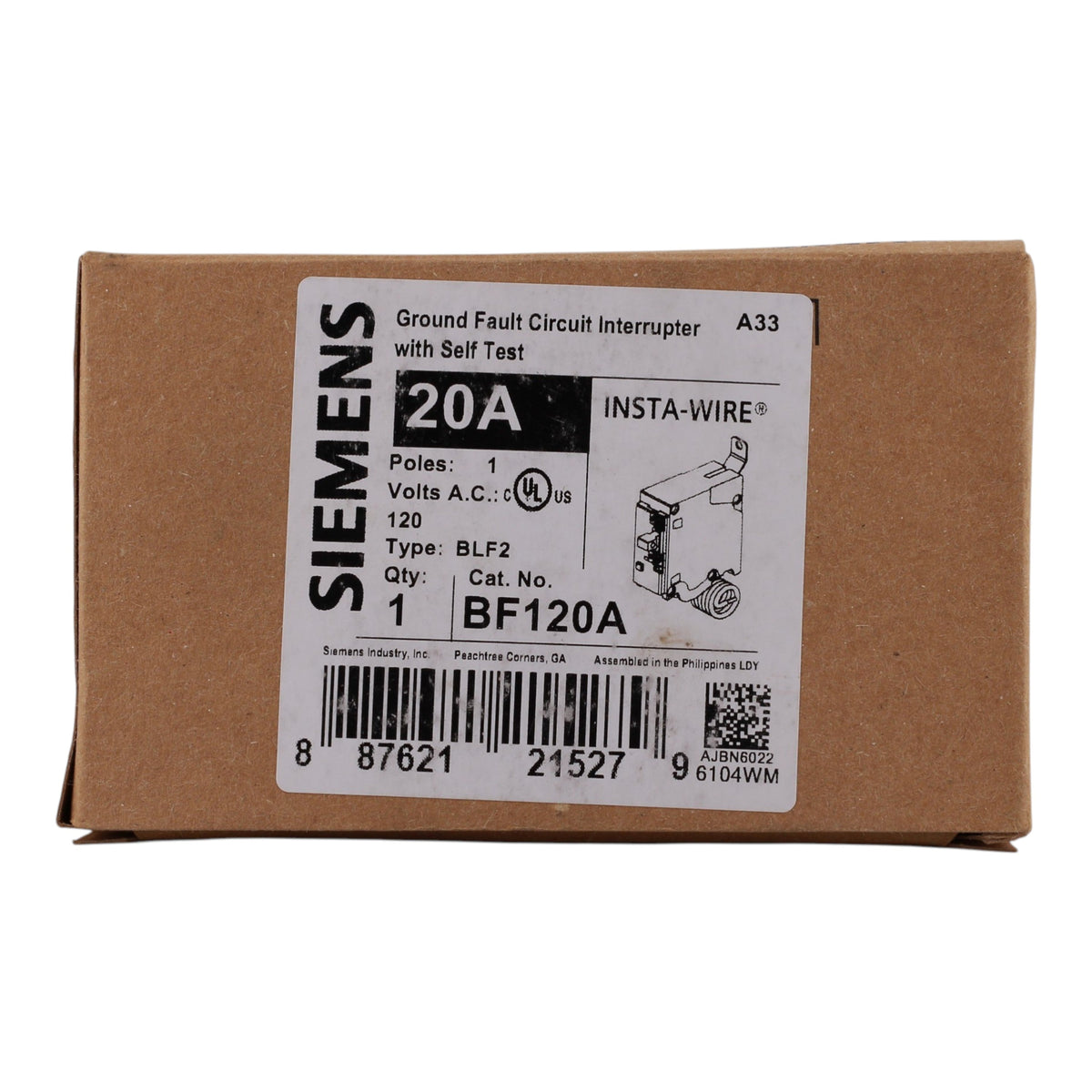 Siemens BLF, BF120A, 20A, 1P, 120V, GFCI, Bolt-On, Pigtail Neutral, Circuit Breaker - Image 3