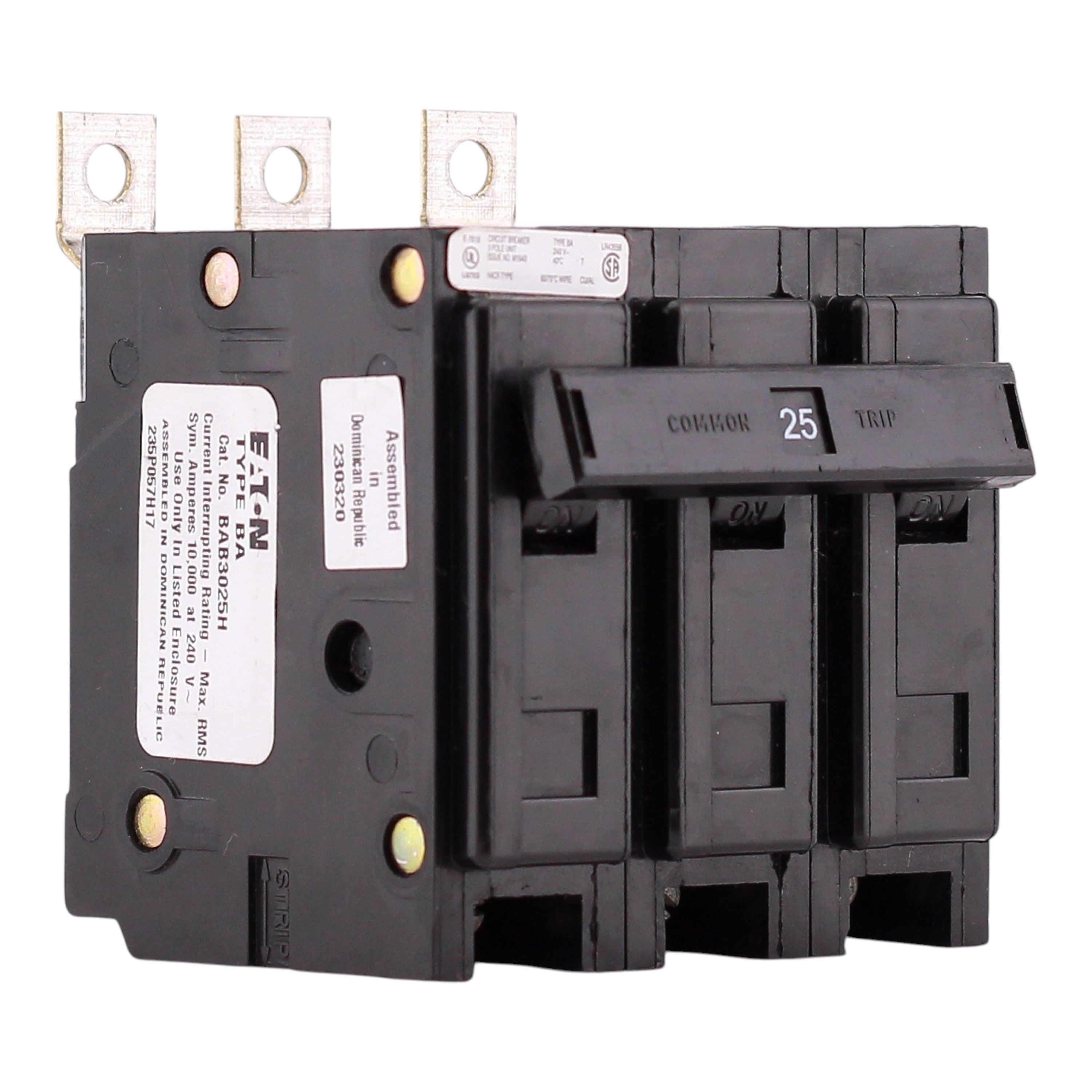 Eaton BAB, BAB3025H, 25A, 3P, 240V, Quicklag, Thermal Magnetic, Bolt-On, Circuit Breaker