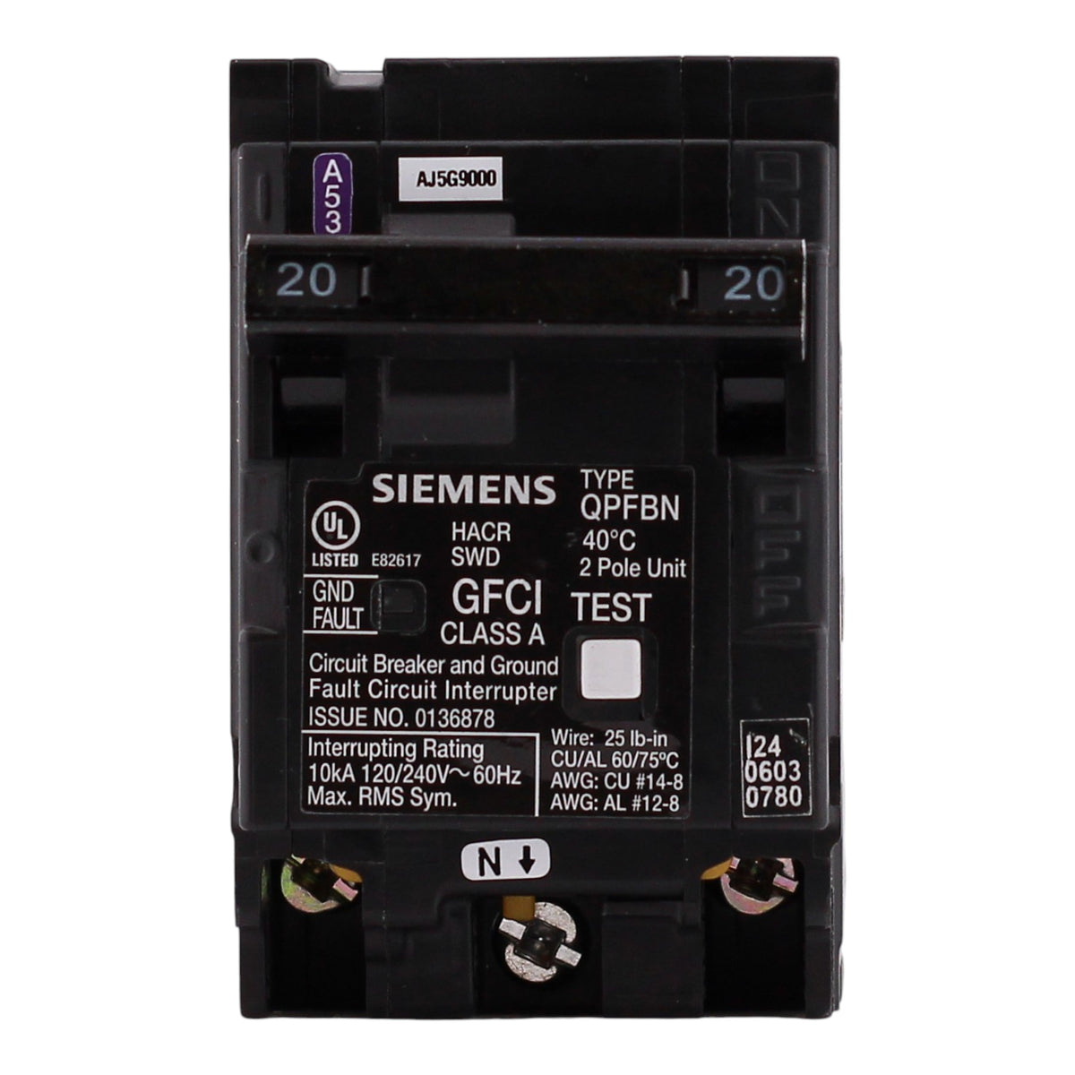 Siemens QP, Q220GFN, 20A, 2P, 120/240V, GFCI, Plug-On Neutral, Circuit Breaker - Image 3