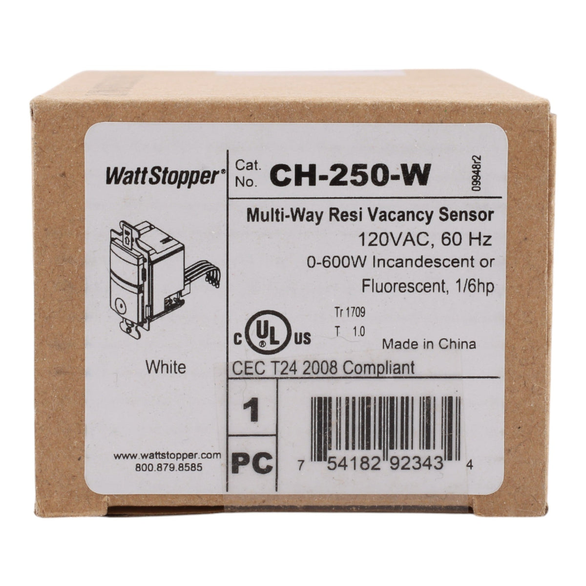 Wattstopper CH-250-W 600W PIR Vacancy Sensor White - Image 2