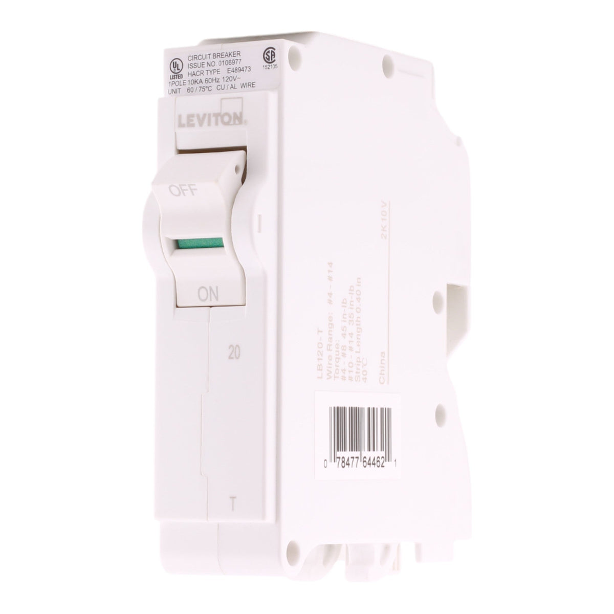 Leviton LB120-T 20A 1P 120/240V Standard Plug-On Neutral Circuit Breaker