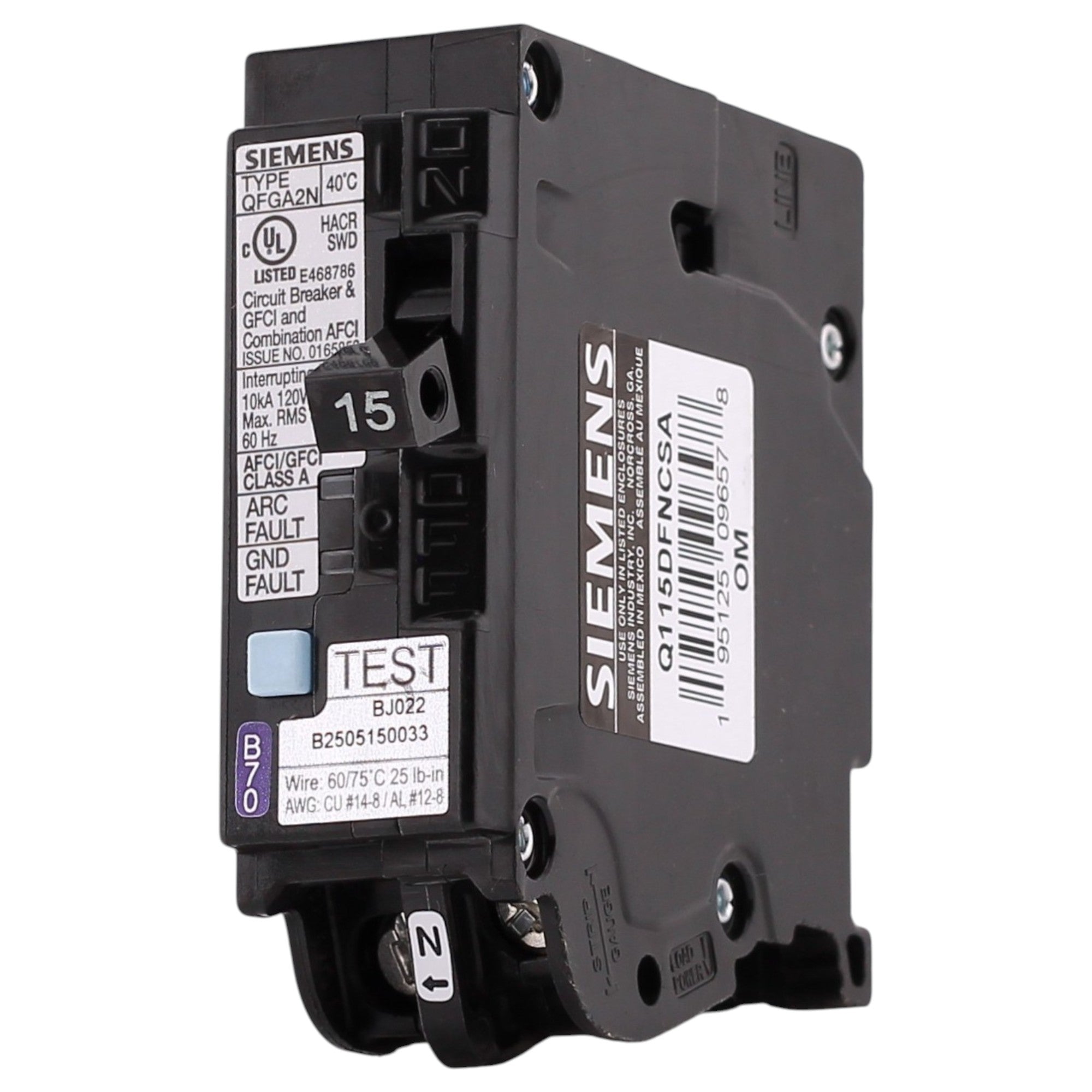 Siemens QFGA2N, Q115DFNCSA, 15A, 1P, 120V, Dual Function AFCI/GFCI, Plug-On Neutral, Circuit Breaker - Image 2