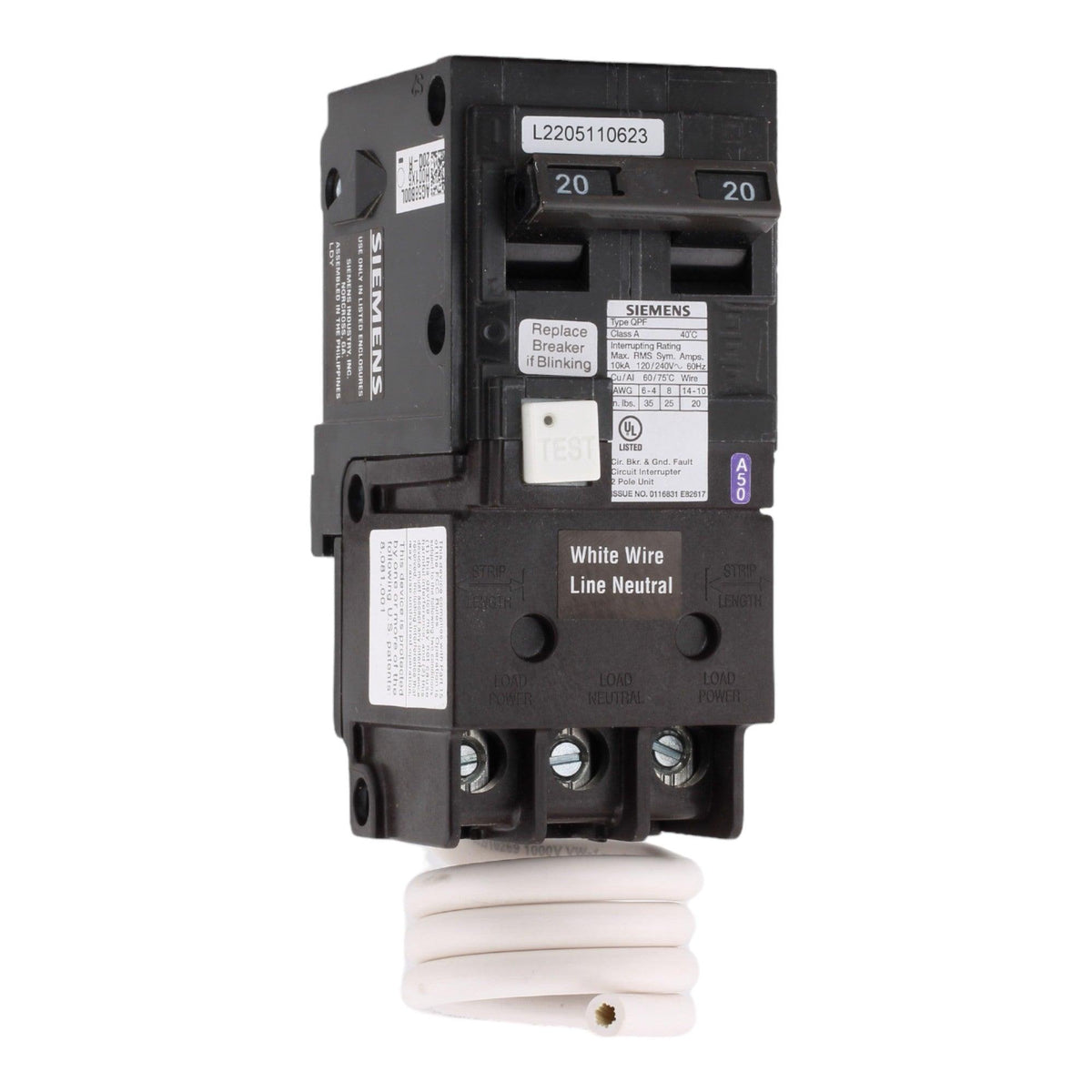Siemens QF220A 20 Amps 120/240 Volts Double Pole Ground Fault Circuit Breaker (GFCI), Pigtail Neutral for QP Panels