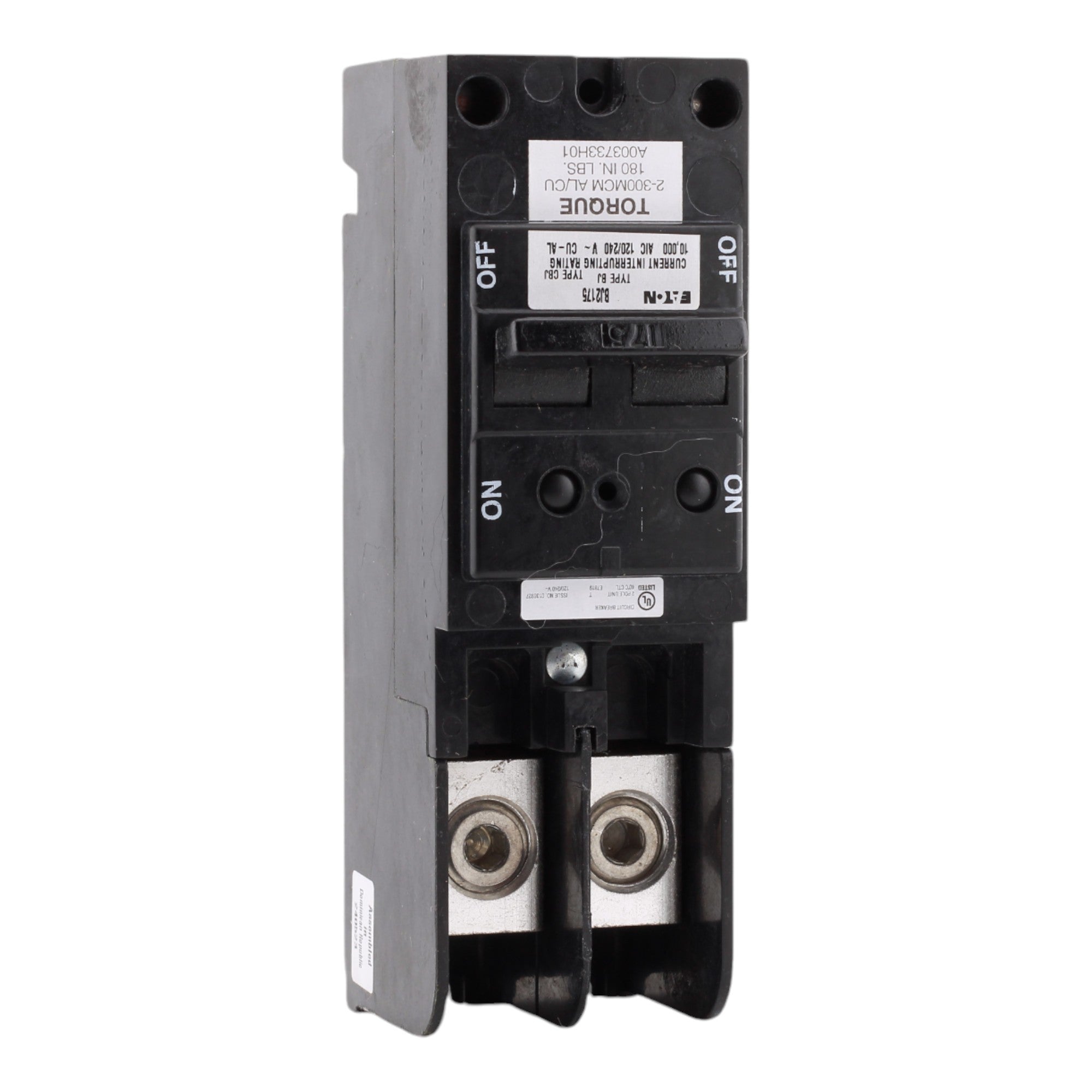 Eaton BJ2175 175A 2-Pole Main Circuit BreakerEaton BJ2175, 175A, 120/240V, 2-Pole, 10kAIC, Plug-On Main Circuit Breaker, Common Trip, for 150A+ Load Centers