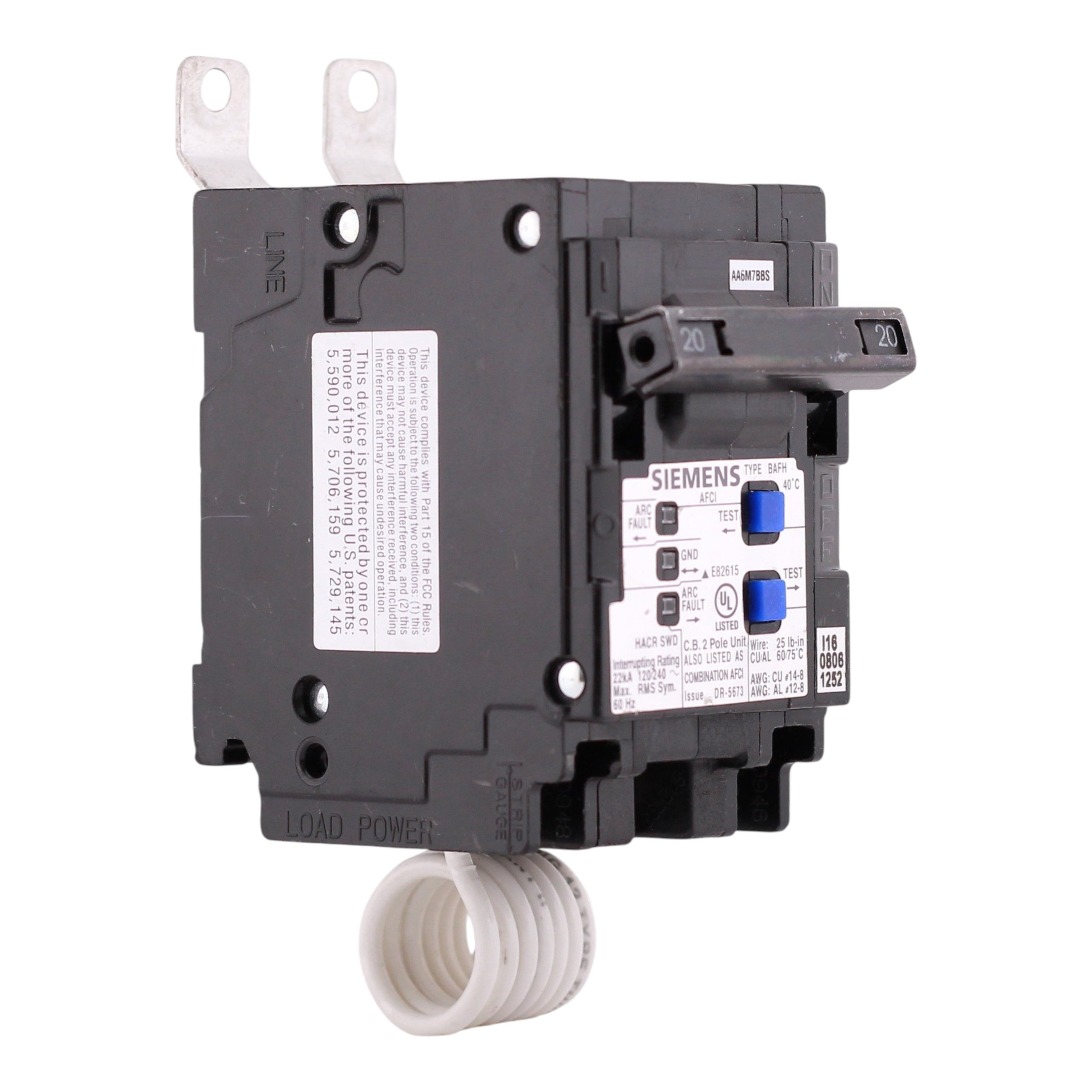 Siemens BAFH, B220AFCH, 20A, 2P, 120/240V, CAFCI, Pigtail Neutral, Circuit Breaker