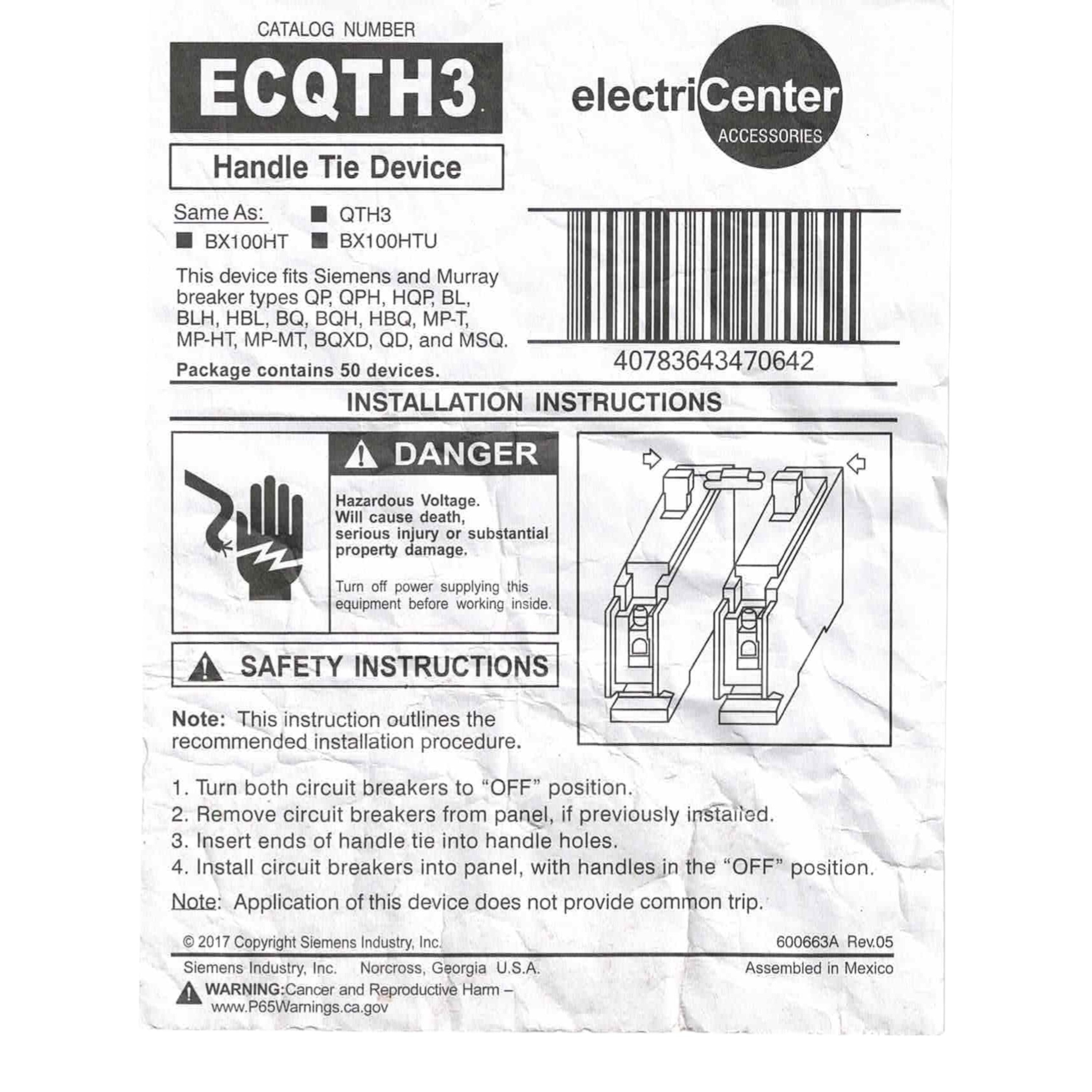 Siemens, ECQTH3, 2-Pole, Handle Tie, QP/BQ/BLH/HBL, Circuit Breaker Accessory, Plug-In - Image 3
