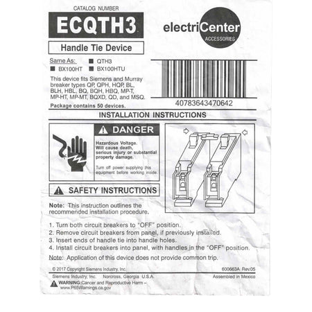 Siemens, ECQTH3, 2-Pole, Handle Tie, QP/BQ/BLH/HBL, Circuit Breaker Accessory, Plug-In - Image 3
