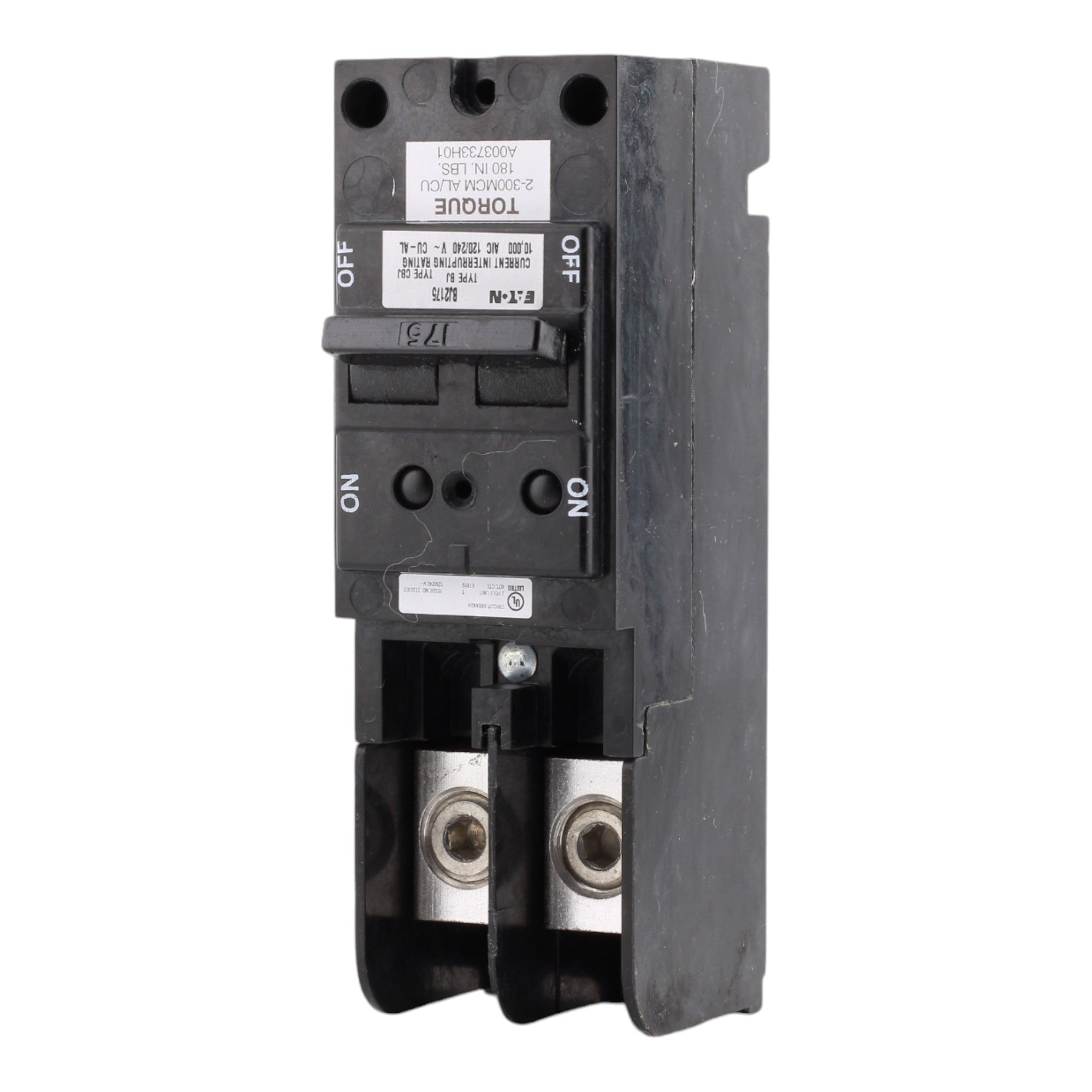 Eaton BJ2175 175A 2-Pole Main Circuit BreakerEaton BJ2175, 175A, 120/240V, 2-Pole, 10kAIC, Plug-On Main Circuit Breaker, Common Trip, for 150A+ Load Centers - Image 3