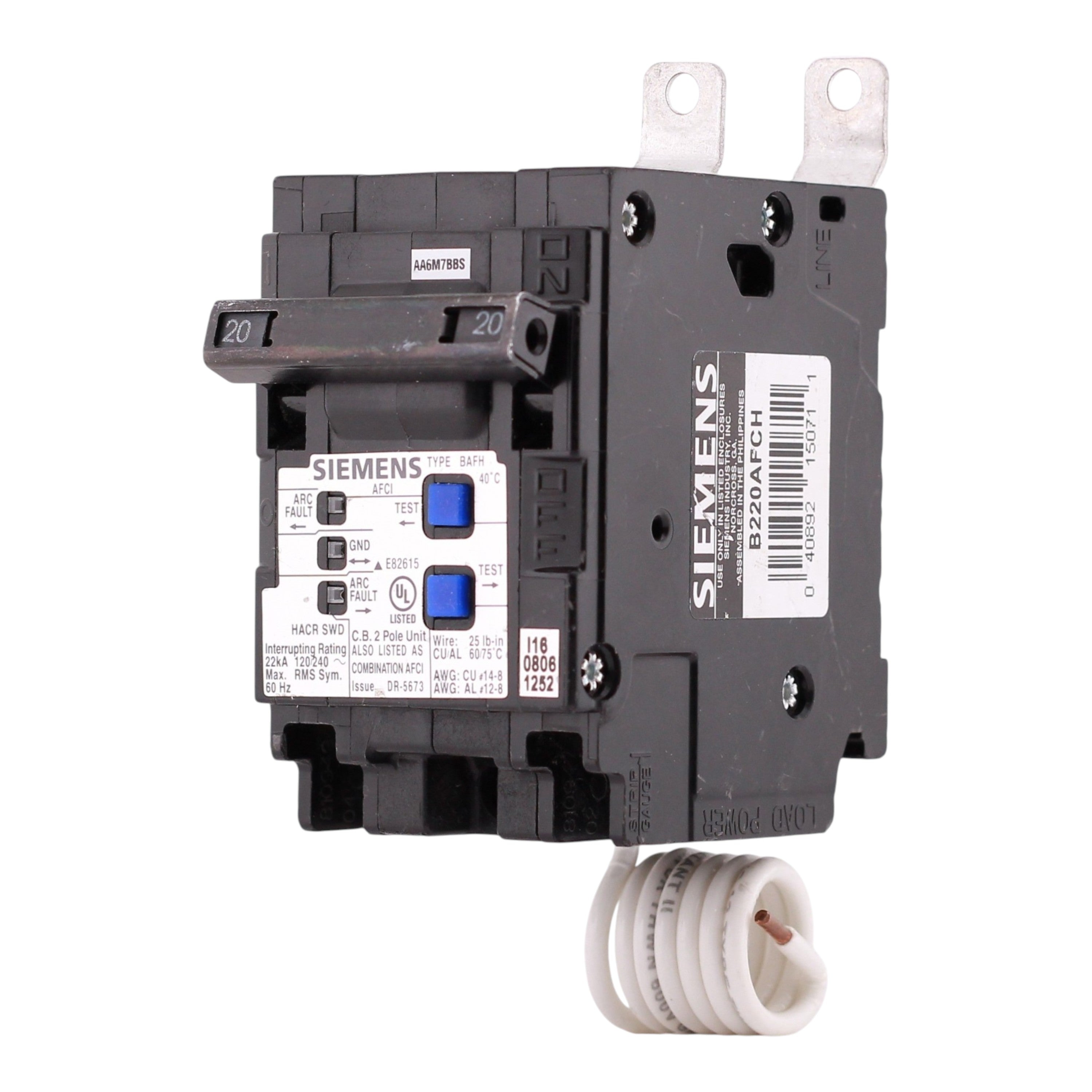 Siemens BAFH, B220AFCH, 20A, 2P, 120/240V, CAFCI, Pigtail Neutral, Circuit Breaker - Image 2