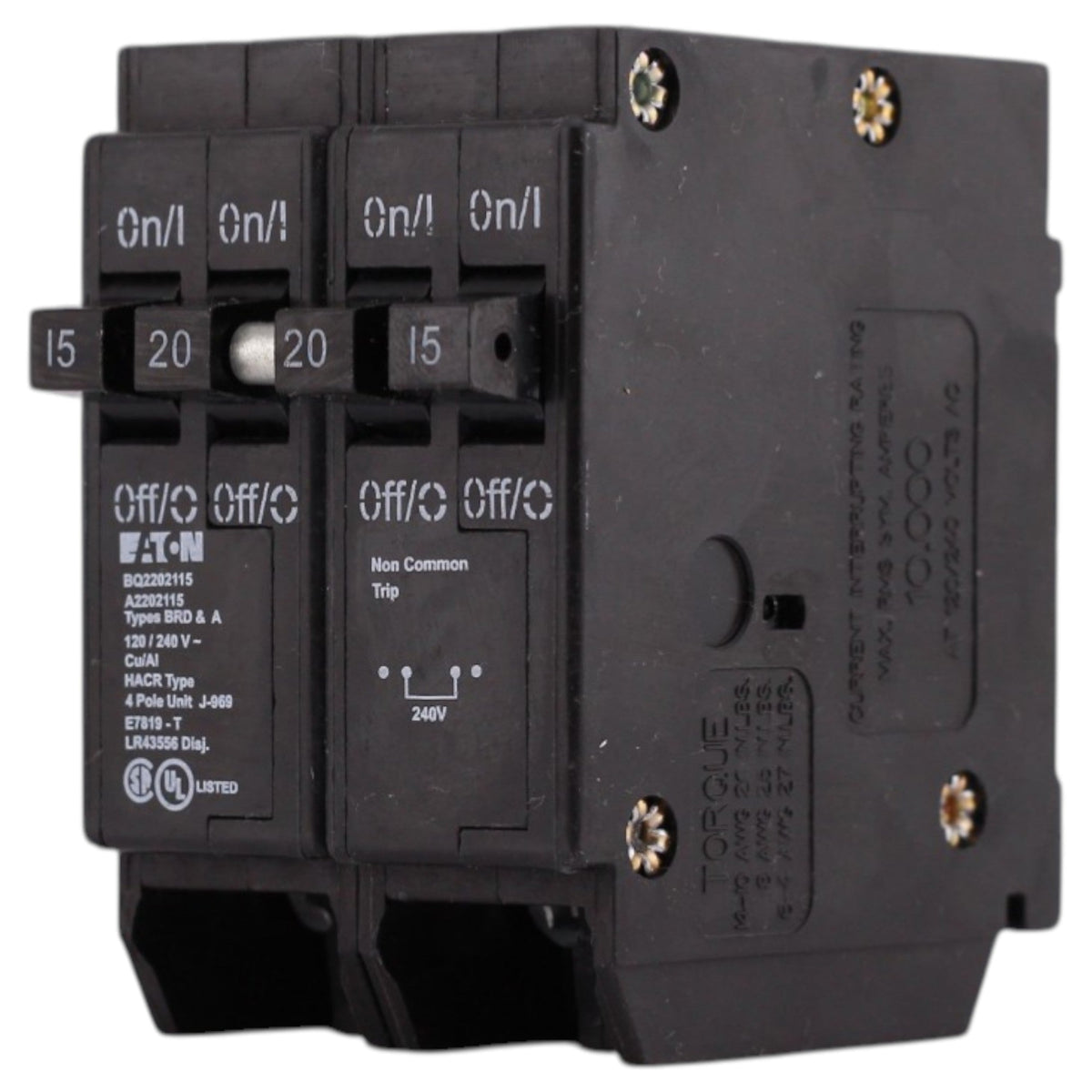 Eaton BR, BQ2202115, 15A/20A, 4P, 120/240V, Quadplex, Plug-On, Circuit Breaker - Image 3