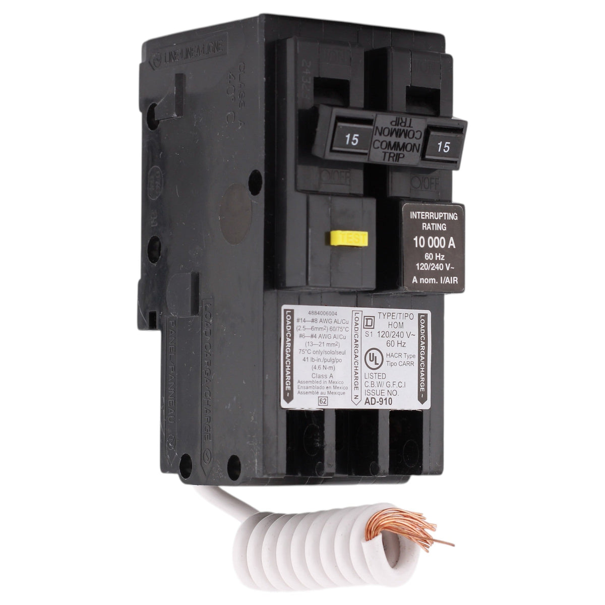 Square D Homeline, HOM215GFI, 15A, 2P, 120/240V, GFCI, Pigtail Neutral, Circuit Breaker