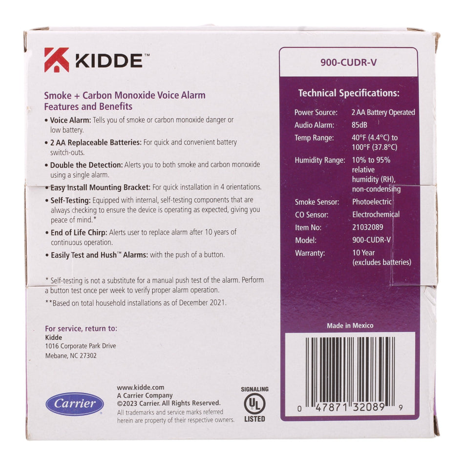 Kidde 900-CUDR-V Battery Smoke & CO Detector Voice Alerts Photoelectric Hush Feature - Image 2