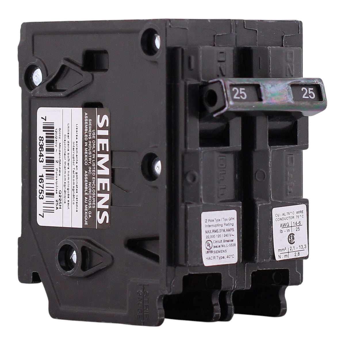 Siemens QP, Q225H, 25A, 2P, 120/240V, 22kAIC, Thermal Magnetic, Circuit Breaker - Image 3