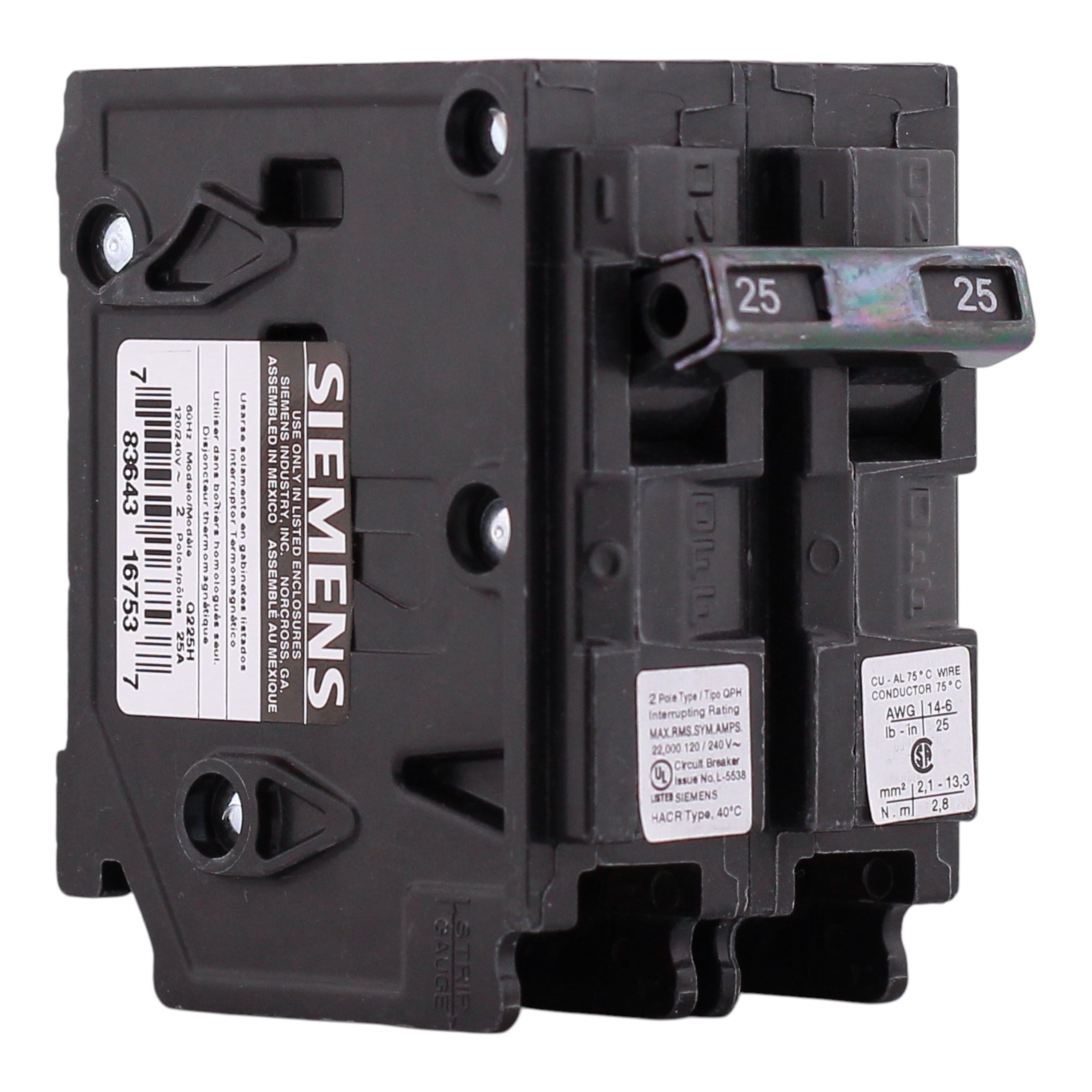 Siemens QP, Q225H, 25A, 2P, 120/240V, 22kAIC, Thermal Magnetic, Circuit Breaker - Image 3