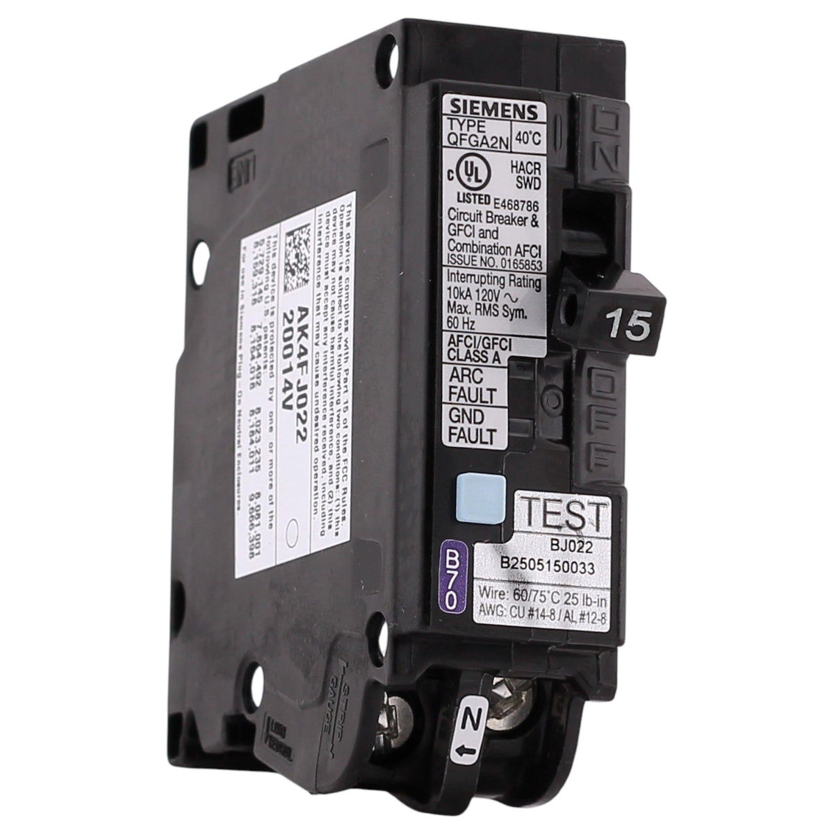 Siemens QFGA2N, Q115DFNCSA, 15A, 1P, 120V, Dual Function AFCI/GFCI, Plug-On Neutral, Circuit Breaker