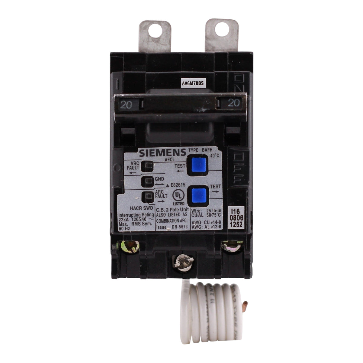 Siemens BAFH, B220AFCH, 20A, 2P, 120/240V, CAFCI, Pigtail Neutral, Circuit Breaker - Image 3