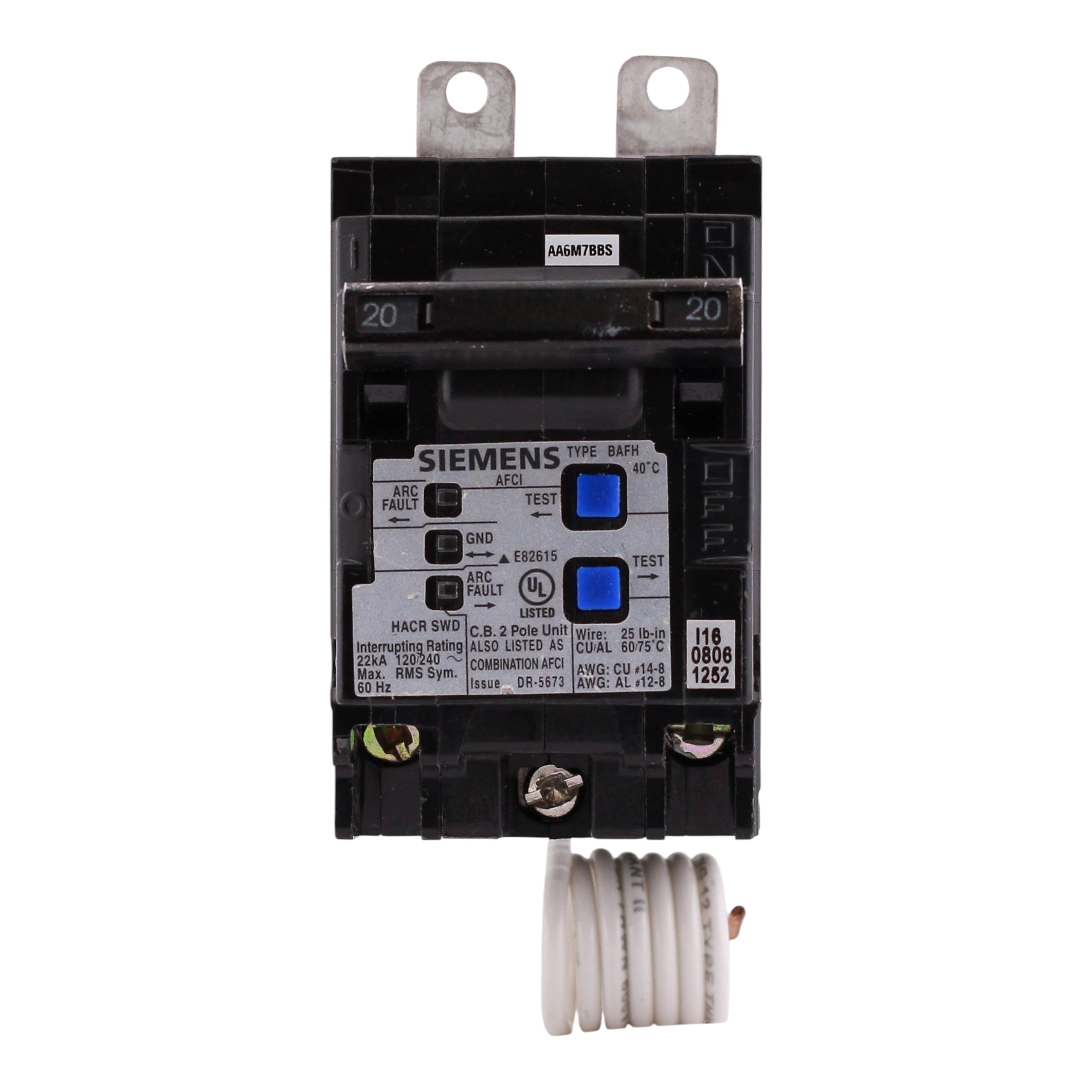Siemens BAFH, B220AFCH, 20A, 2P, 120/240V, CAFCI, Pigtail Neutral, Circuit Breaker - Image 3