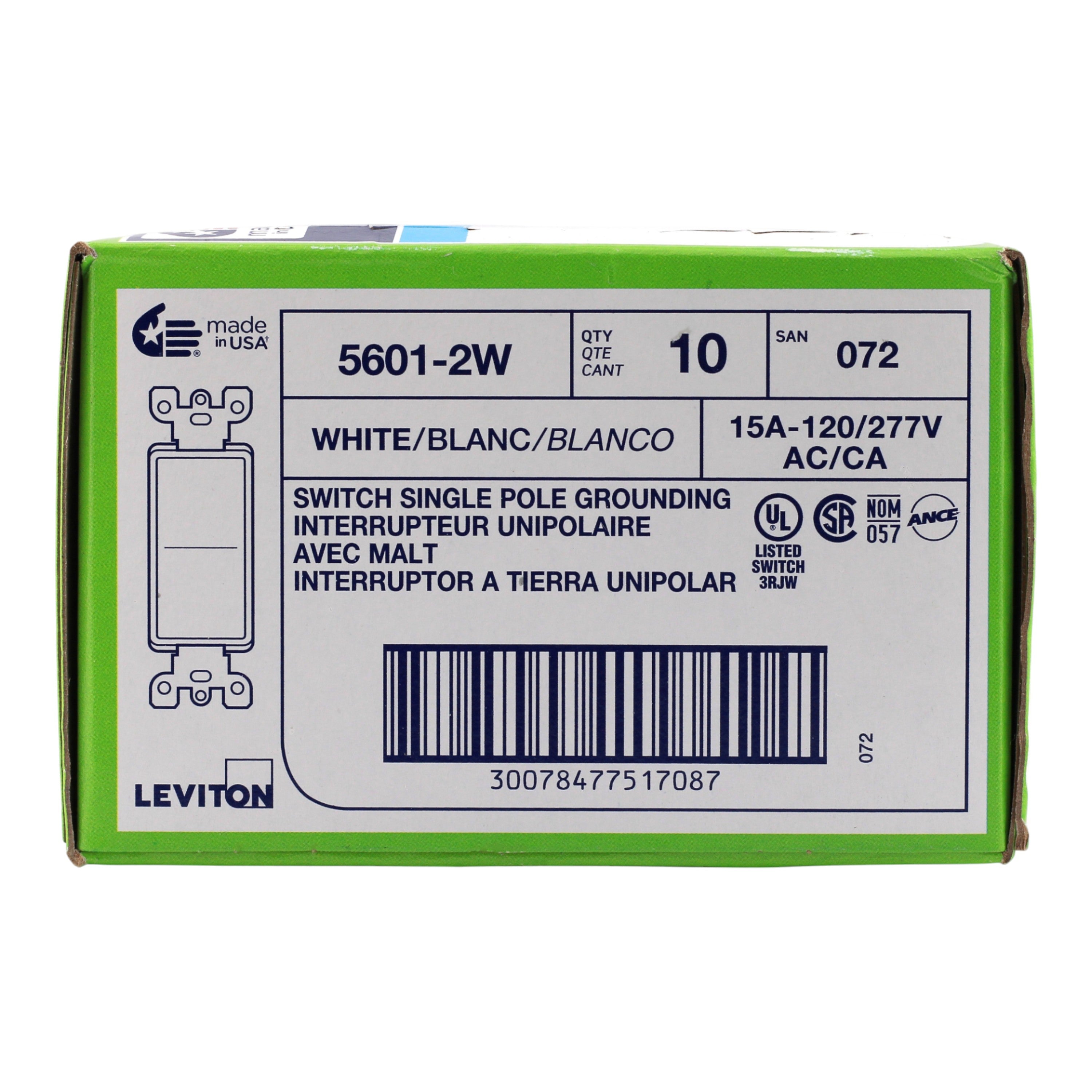 Leviton Decora PACK-10 5601-2W 15A Single-Pole 120/277V Grounding Rocker Switch White - Image 10