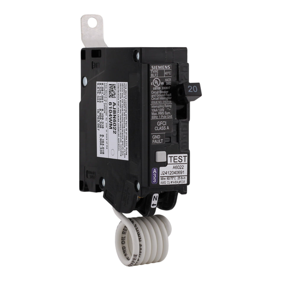 Siemens BLF, BF120A, 20A, 1P, 120V, GFCI, Bolt-On, Pigtail Neutral, Circuit Breaker