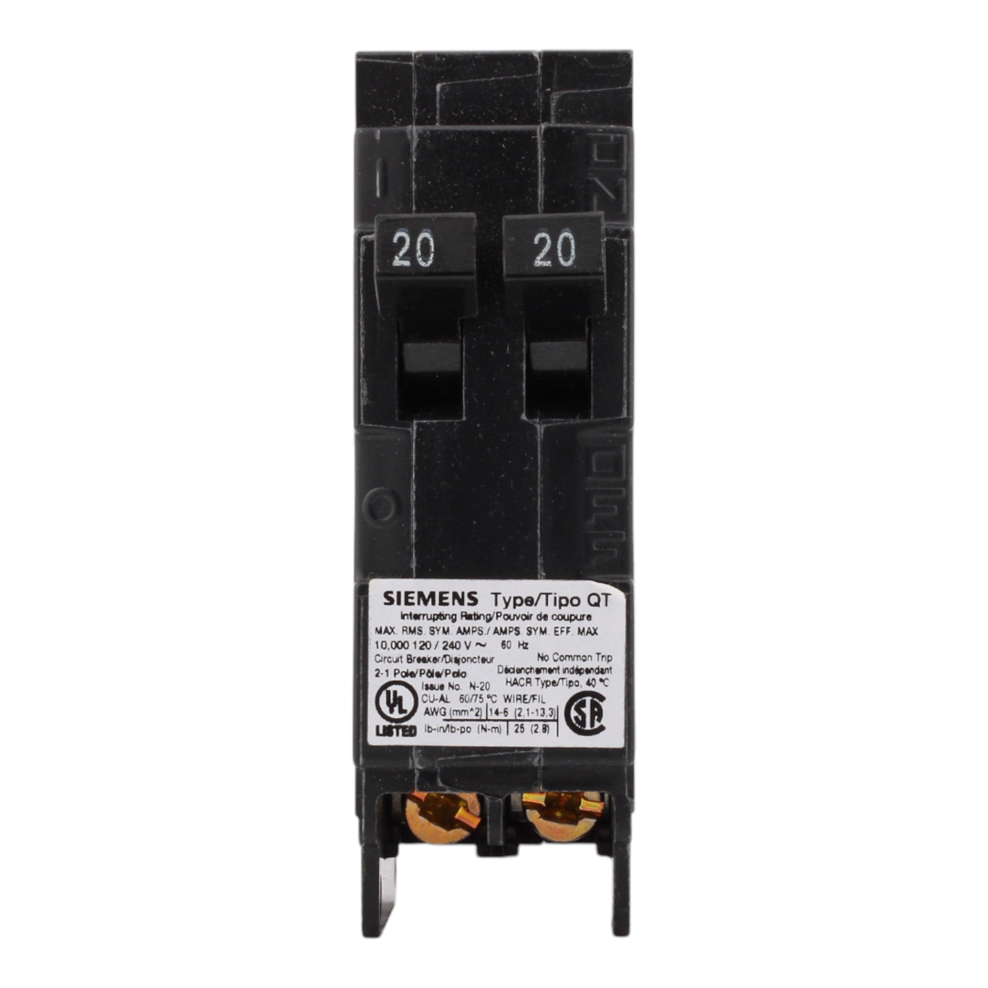 Siemens Q2020NC 20/20 Amps 120 Volts Tandem Non-CTL Circuit Breaker, Plug-In Mount - Image 2