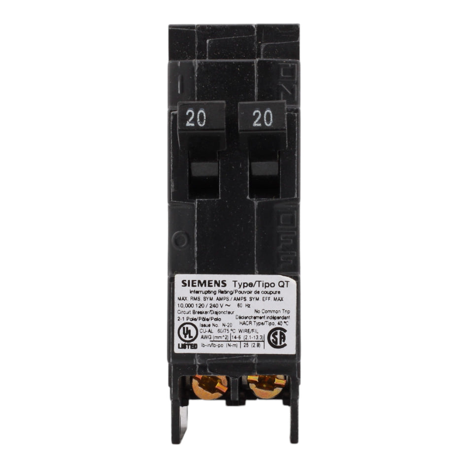 Siemens Q2020NC 20/20 Amps 120 Volts Tandem Non-CTL Circuit Breaker, Plug-In Mount - Image 2