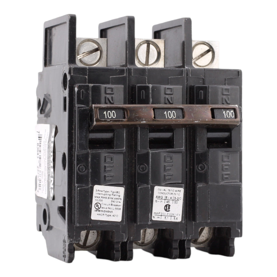 Siemens BQ3B100L 100 Amp Triple Pole 240V Bolt-On Standard Trip Circuit Breaker UL - Image 2