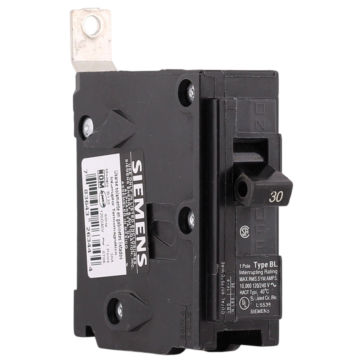 Siemens BL, B130, 30A, 1P, 120/240V, Thermal Magnetic, Bolt-On, Circuit Breaker