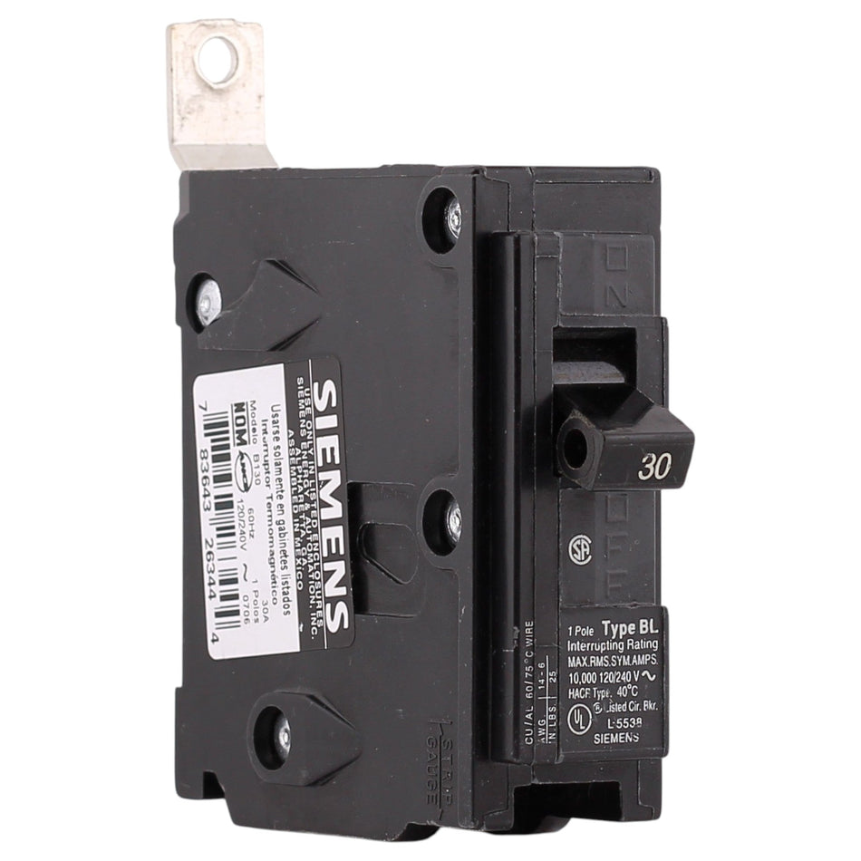 Siemens BL, B130, 30A, 1P, 120/240V, Thermal Magnetic, Bolt-On, Circuit Breaker