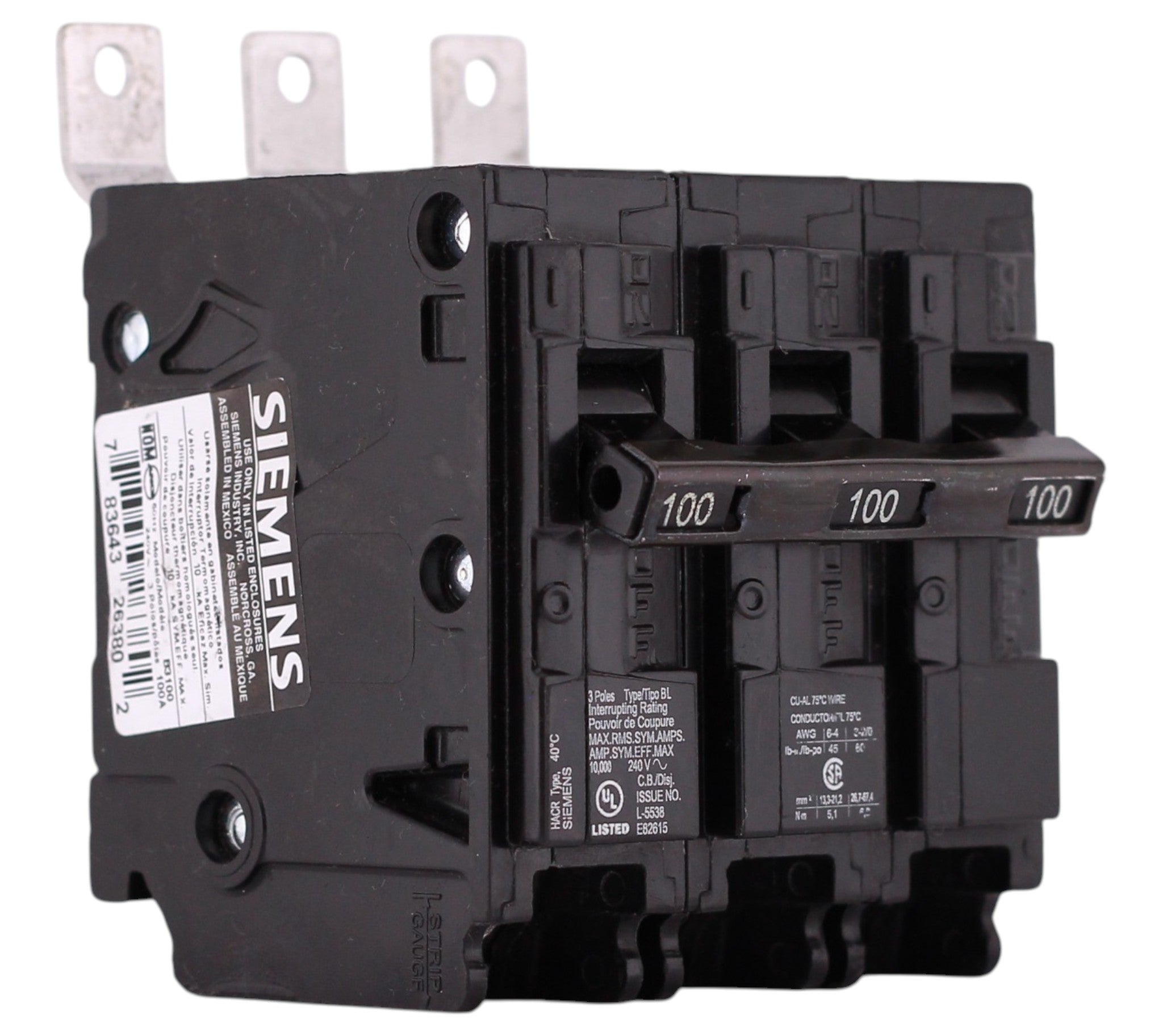Siemens BL, B3100, 100A, 3P, 240V, Thermal Magnetic, Bolt-On, Circuit Breaker