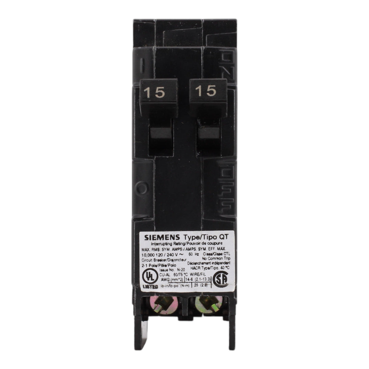 Siemens Q1515 15/15A 120V Duplex Thermal Magnetic Circuit Breaker, Plug-In, 10kA Interrupt, Type QT - Image 2