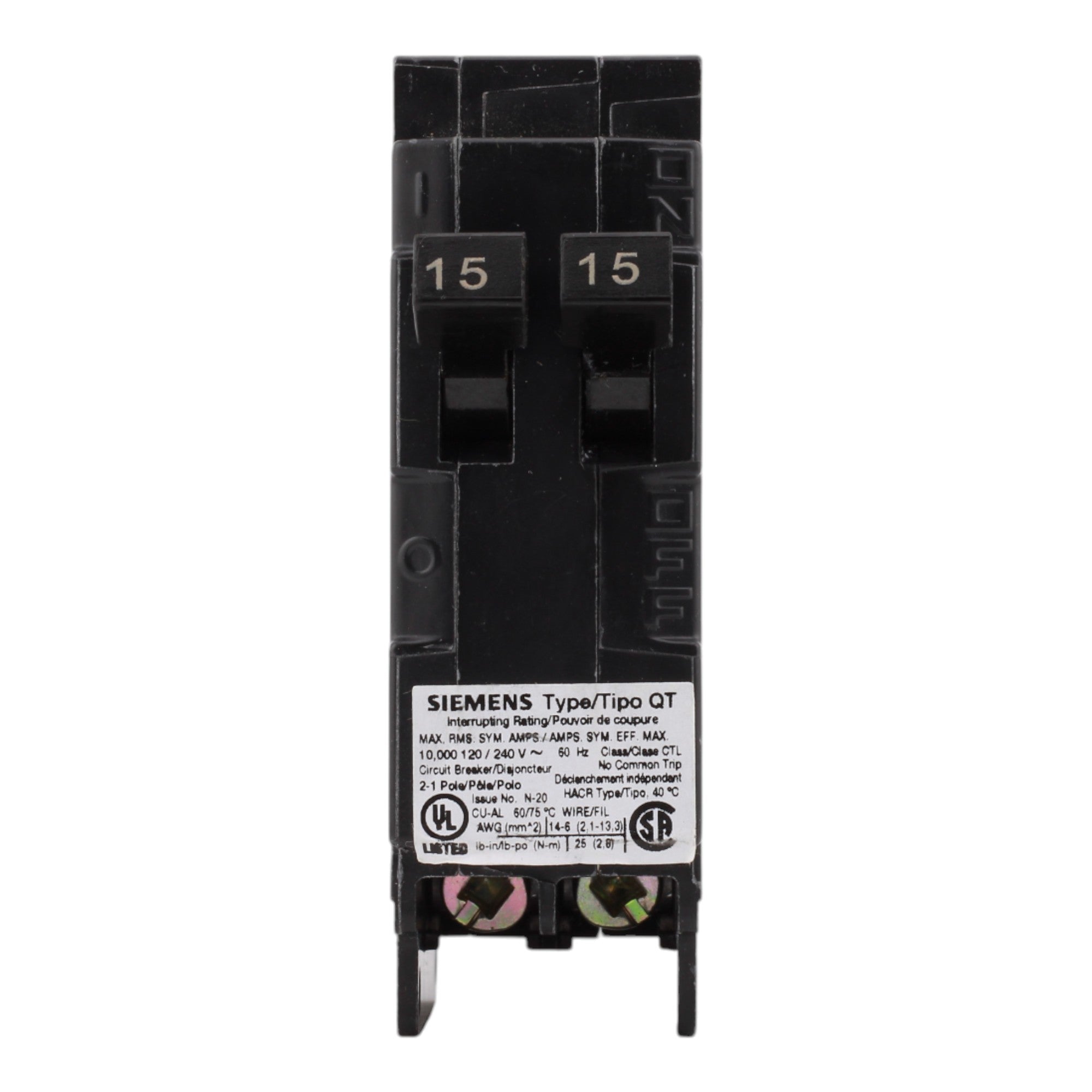 Siemens Q1515 15/15A 120V Duplex Thermal Magnetic Circuit Breaker, Plug-In, 10kA Interrupt, Type QT - Image 2