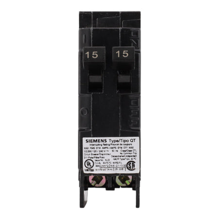 Siemens Q1515 15/15A 120V Duplex Thermal Magnetic Circuit Breaker, Plug-In, 10kA Interrupt, Type QT - Image 2