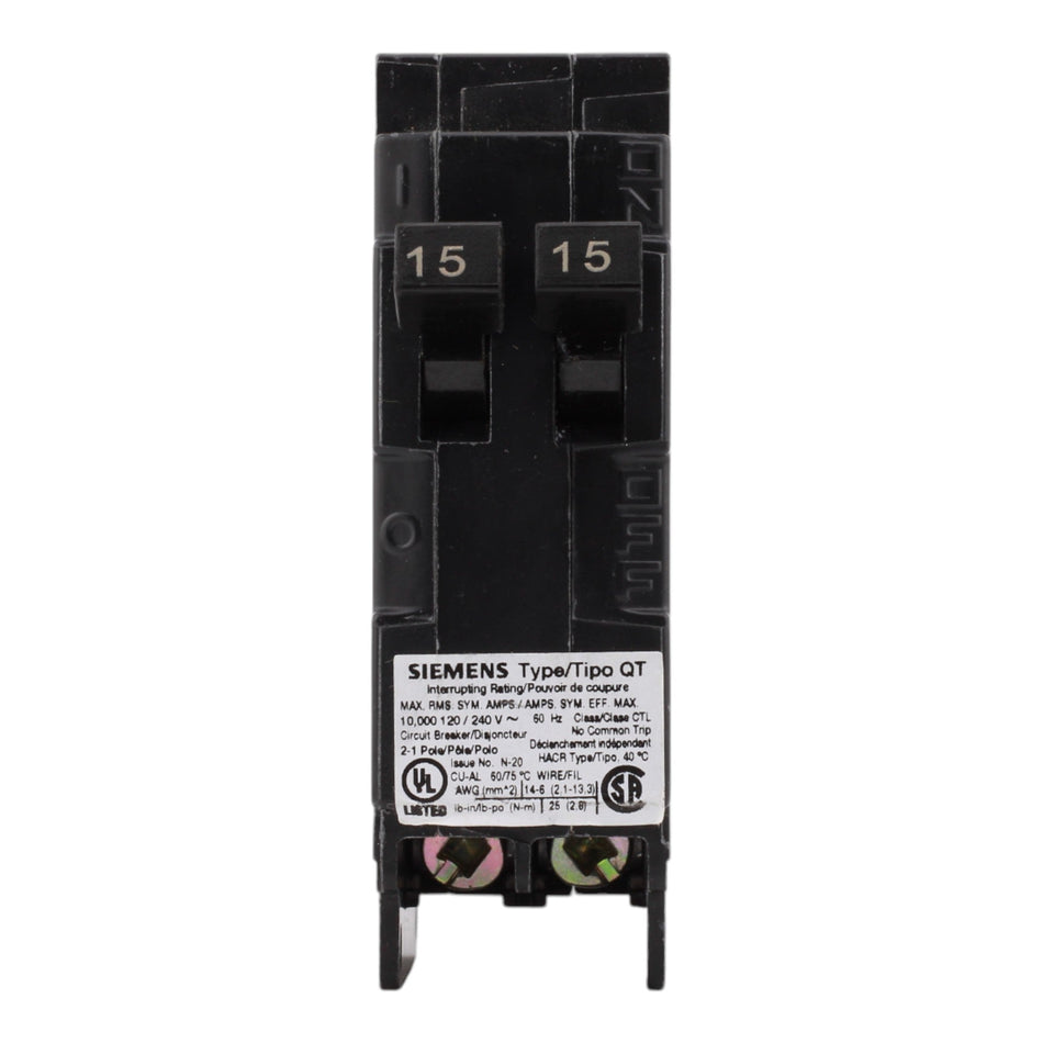 Siemens Q1515 15/15A 120V Duplex Thermal Magnetic Circuit Breaker, Plug-In, 10kA Interrupt, Type QT - Image 2