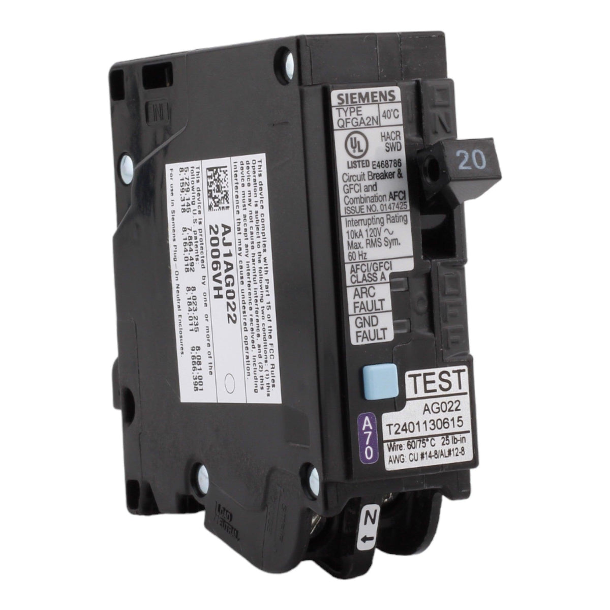 Siemens Q120DFN 20A 1P 120V AFCI/GFCI Plug-On Neutral Circuit Breaker