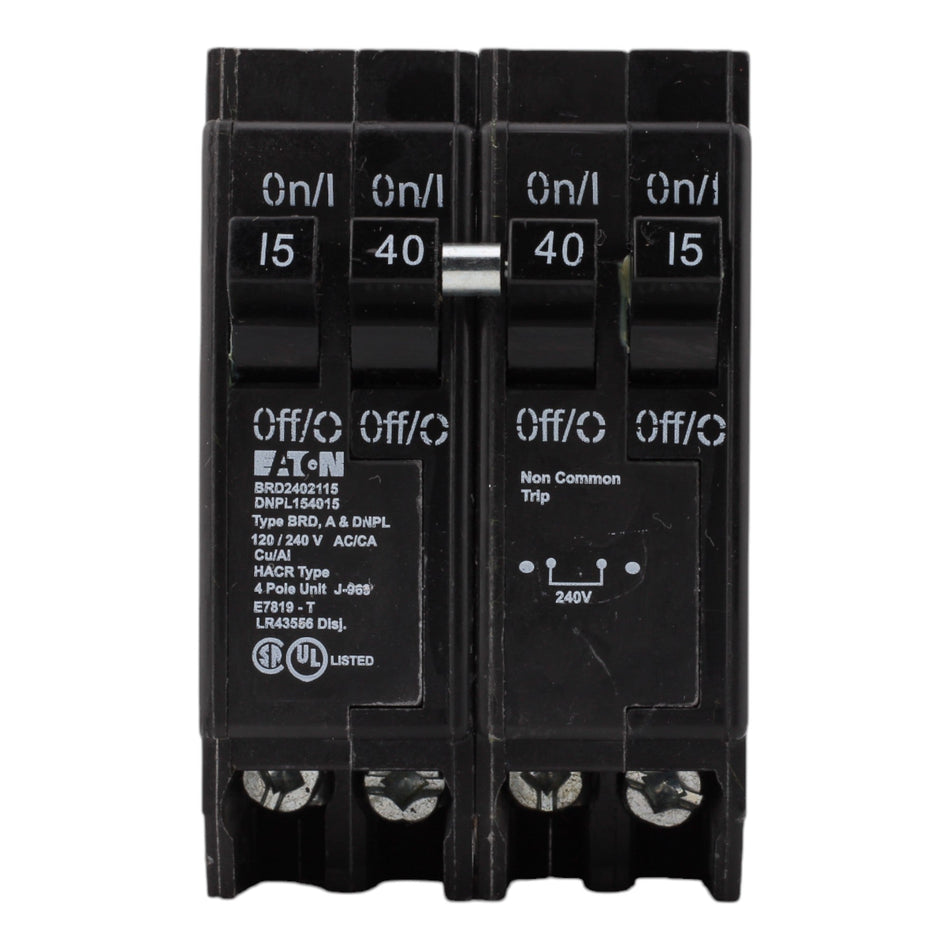Eaton BRD2402115 / DNPL154015, 15A/15A/40A, 120/240V, Quad Circuit Breaker, 2 1-Pole, 1 2-Pole, Plug-In, for Eaton, Bryant, Westinghouse Panels - Image 2