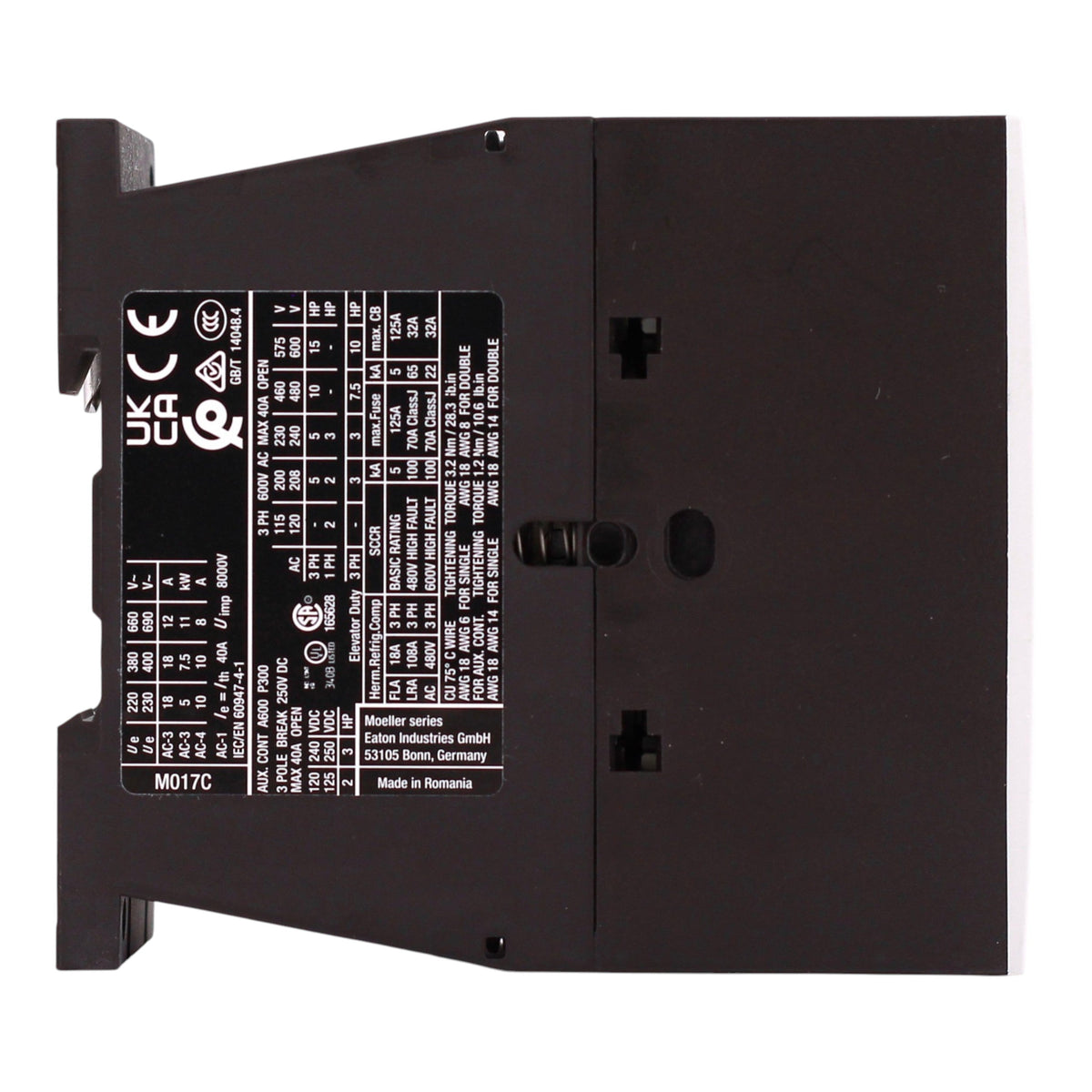 Eaton XT IEC, XTCE018C01D, 18A, 3-Pole, 690VAC, 550/600VAC Coil, Full Voltage Non-Reversing Contactor - Image 6